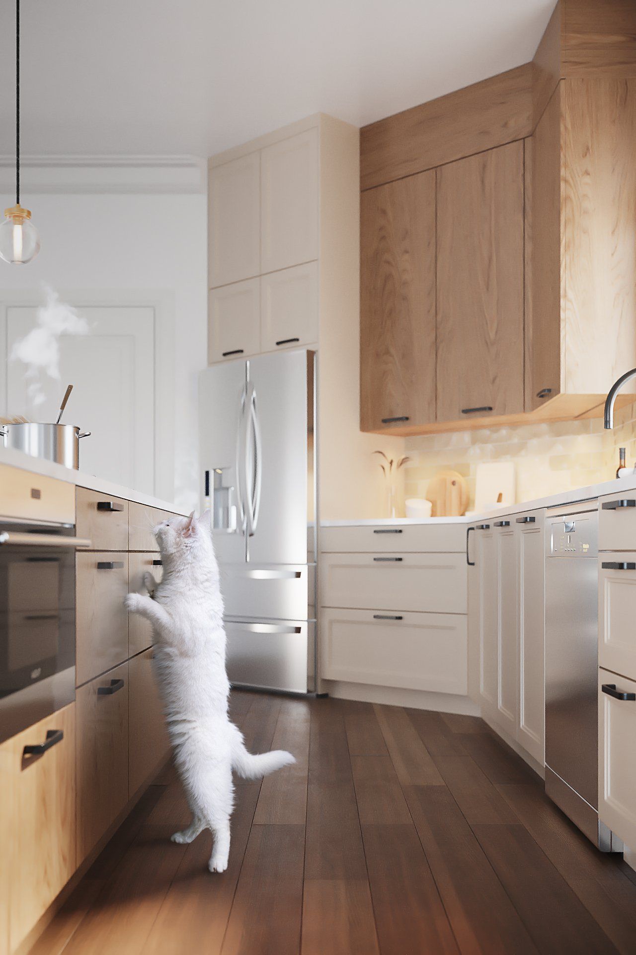 Realistic 3D kitchen interior visualization featuring a cat, showcasing realistic house fittings rendering and photorealistic CGI techniques.