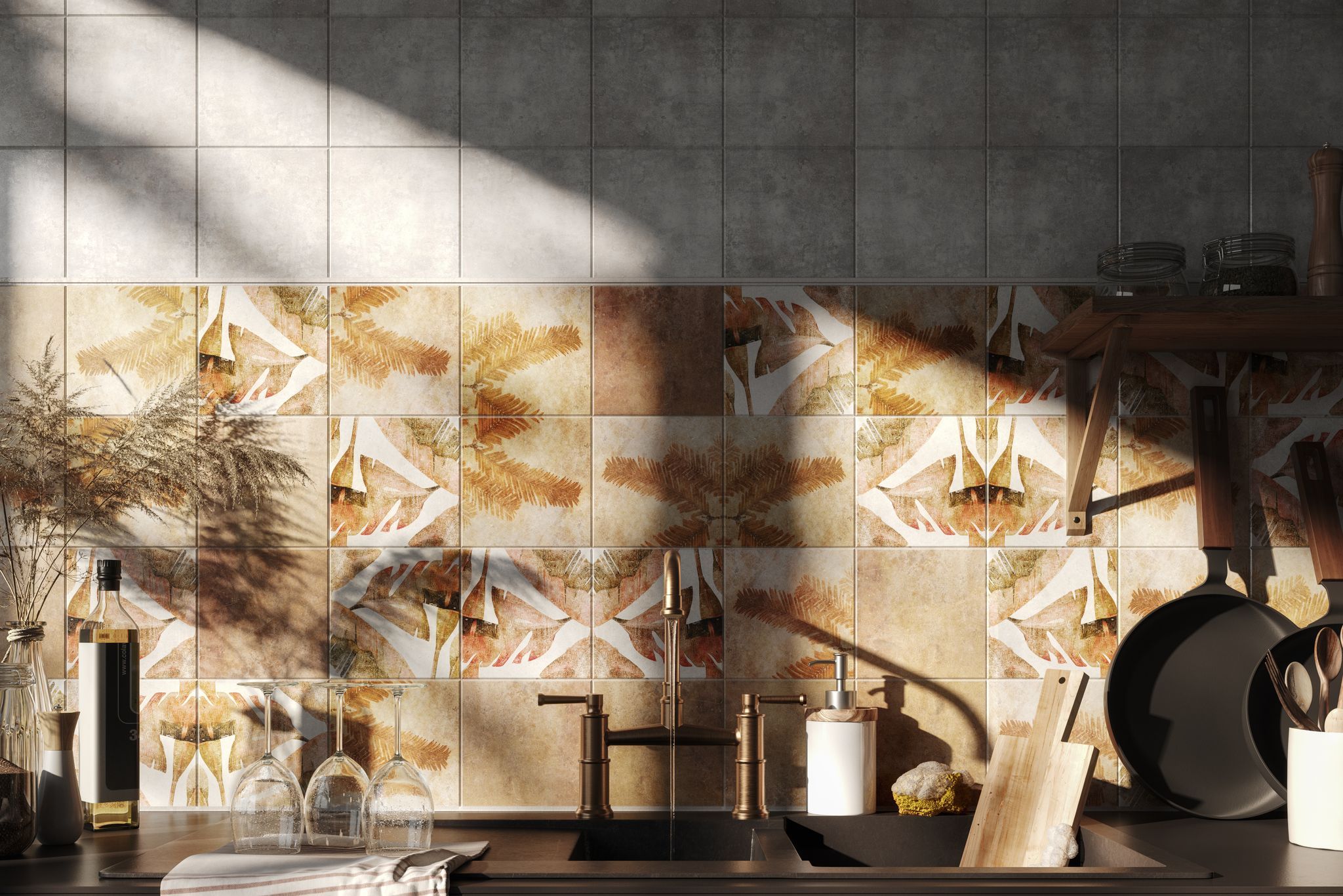 High-quality 3D rendering of a kitchen interior featuring custom tile design