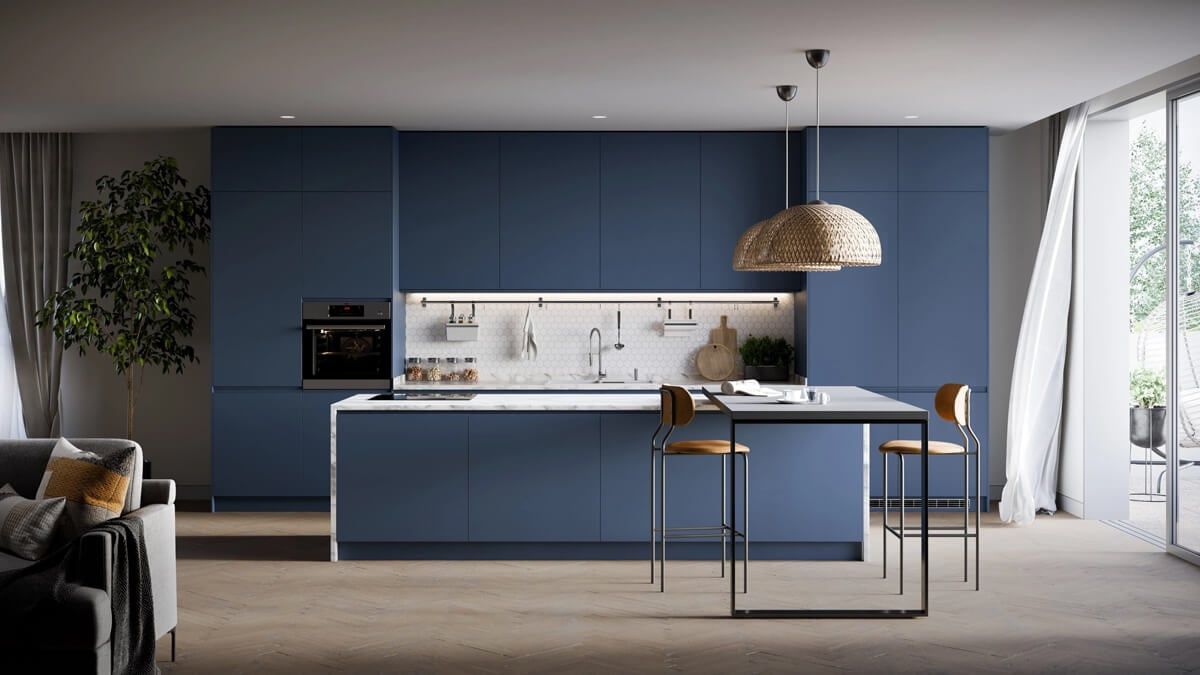 High-quality 3D rendering of a modern kitchen showcasing bespoke furniture and realistic interior visualization.