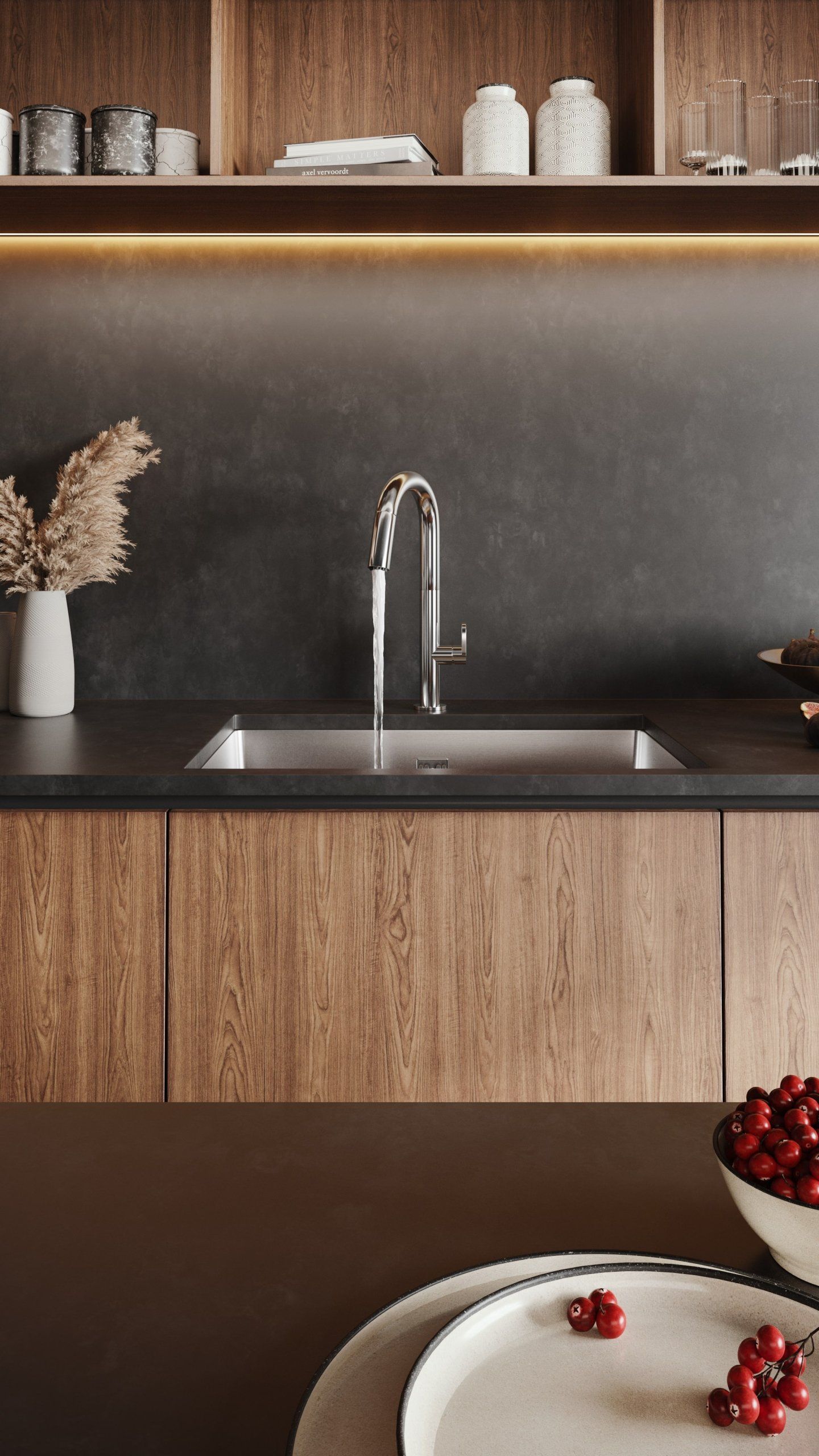 3D kitchen interior rendering showcasing a modern sink and countertop, highlighting photorealistic furniture visualization and top-notch 3D modeling.