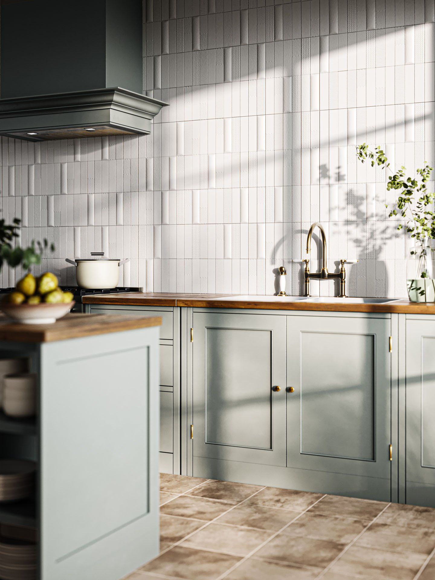 3D Rendering of Kitchen Wall Tiles With Neutral Colors and Subtle Lighting