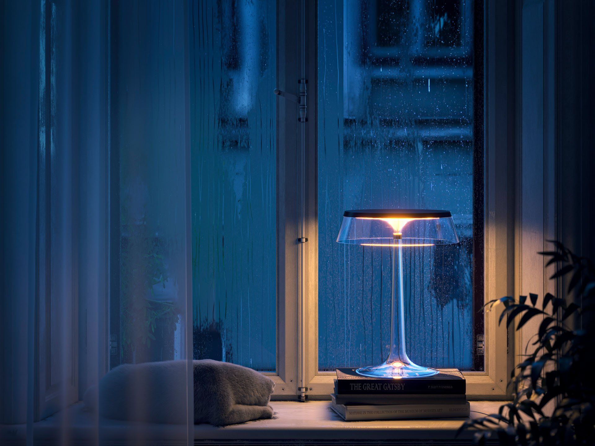 Photorealistic 3D rendering of a stylish lamp on a windowsill, showcasing 3D product modeling and visualization in a cozy interior setting.