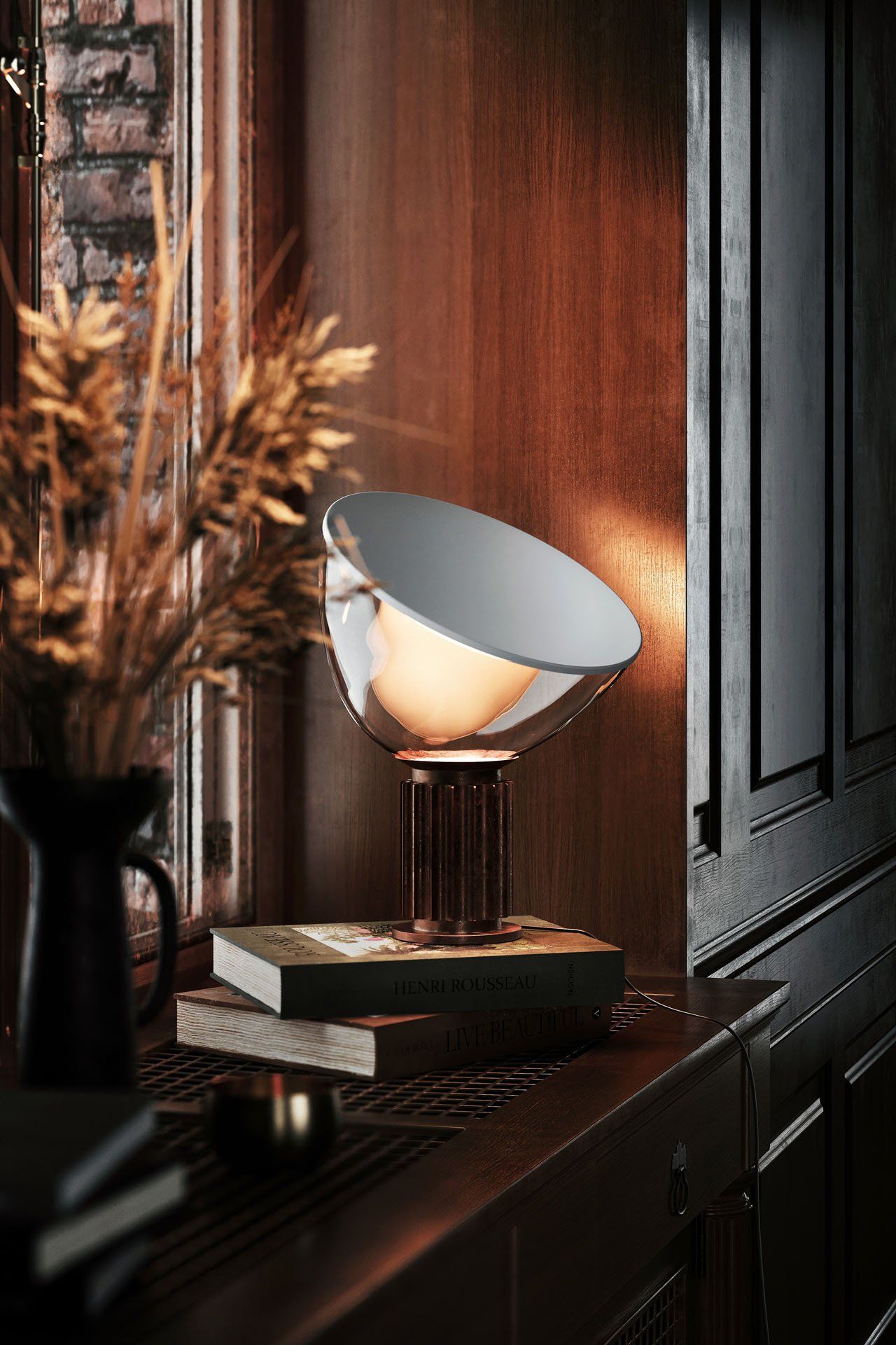 3D rendered image showcasing a stylish lamp on a wooden surface, highlighting photorealistic 3D interior visualization and product rendering.