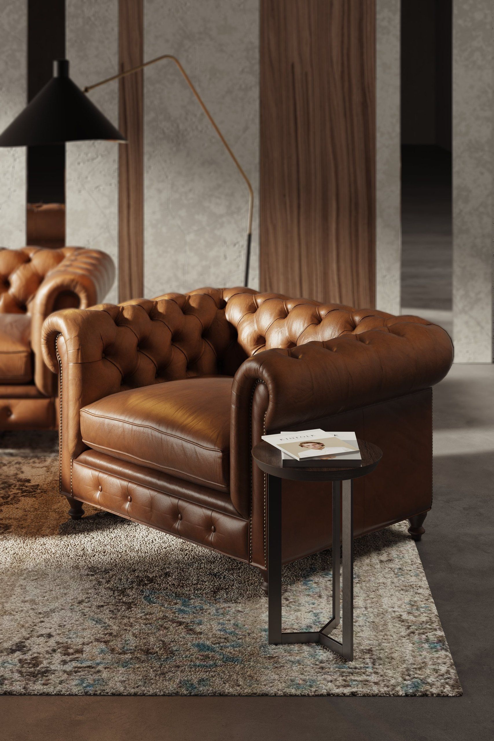 High-quality 3D rendering of a leather armchair showcasing photorealistic furniture visualization in a modern interior setting.