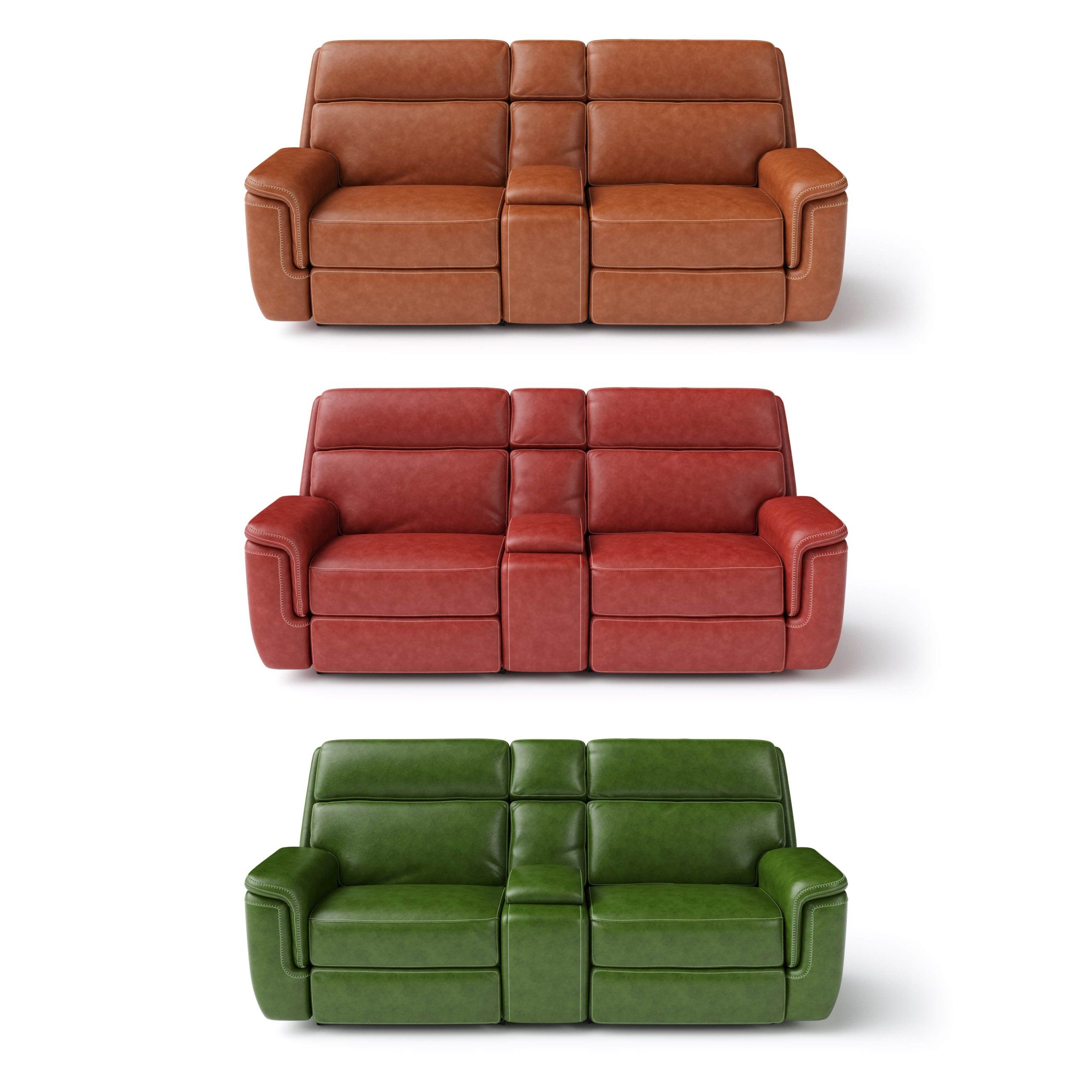 3D rendered image of three colorful sofas showcasing realistic product rendering and 3D product visualization.
