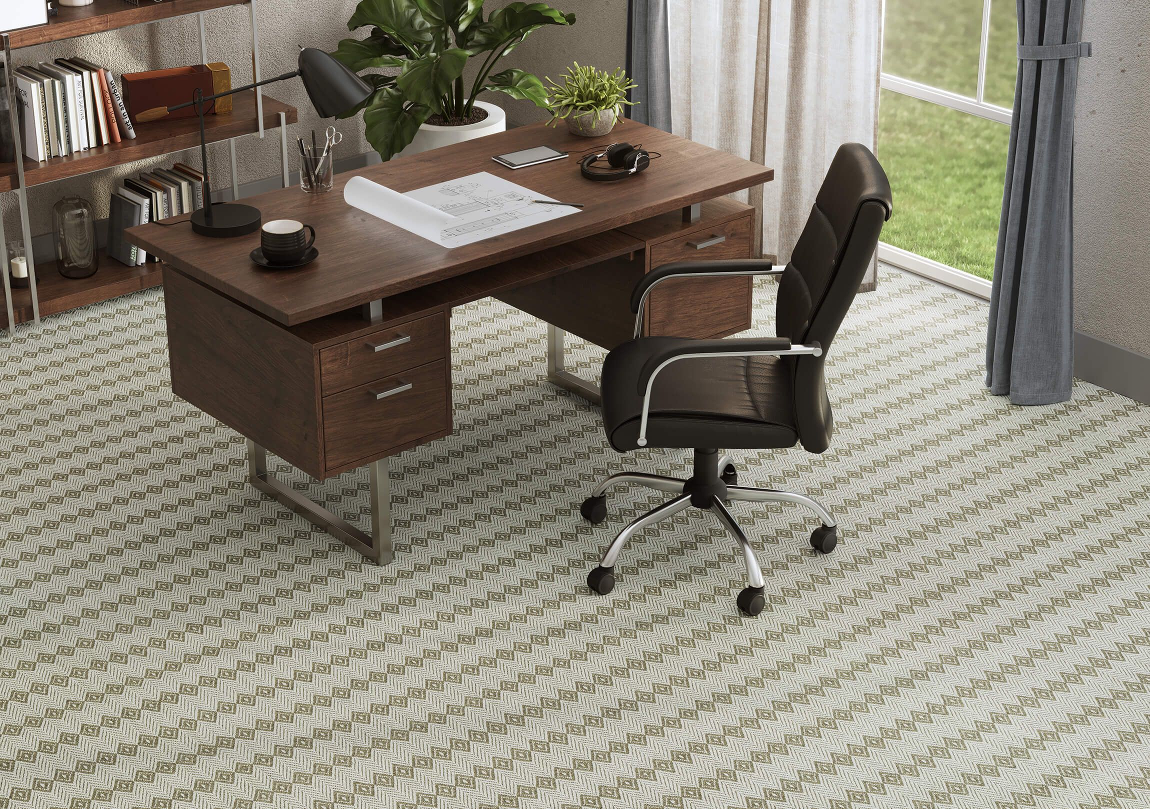3D rendered office scene showcasing furniture modeling and visualization with a desk and chair