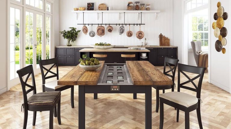 Lifestyle 3D render of a rustic dining room with wooden table, black chairs, and kitchen decor.