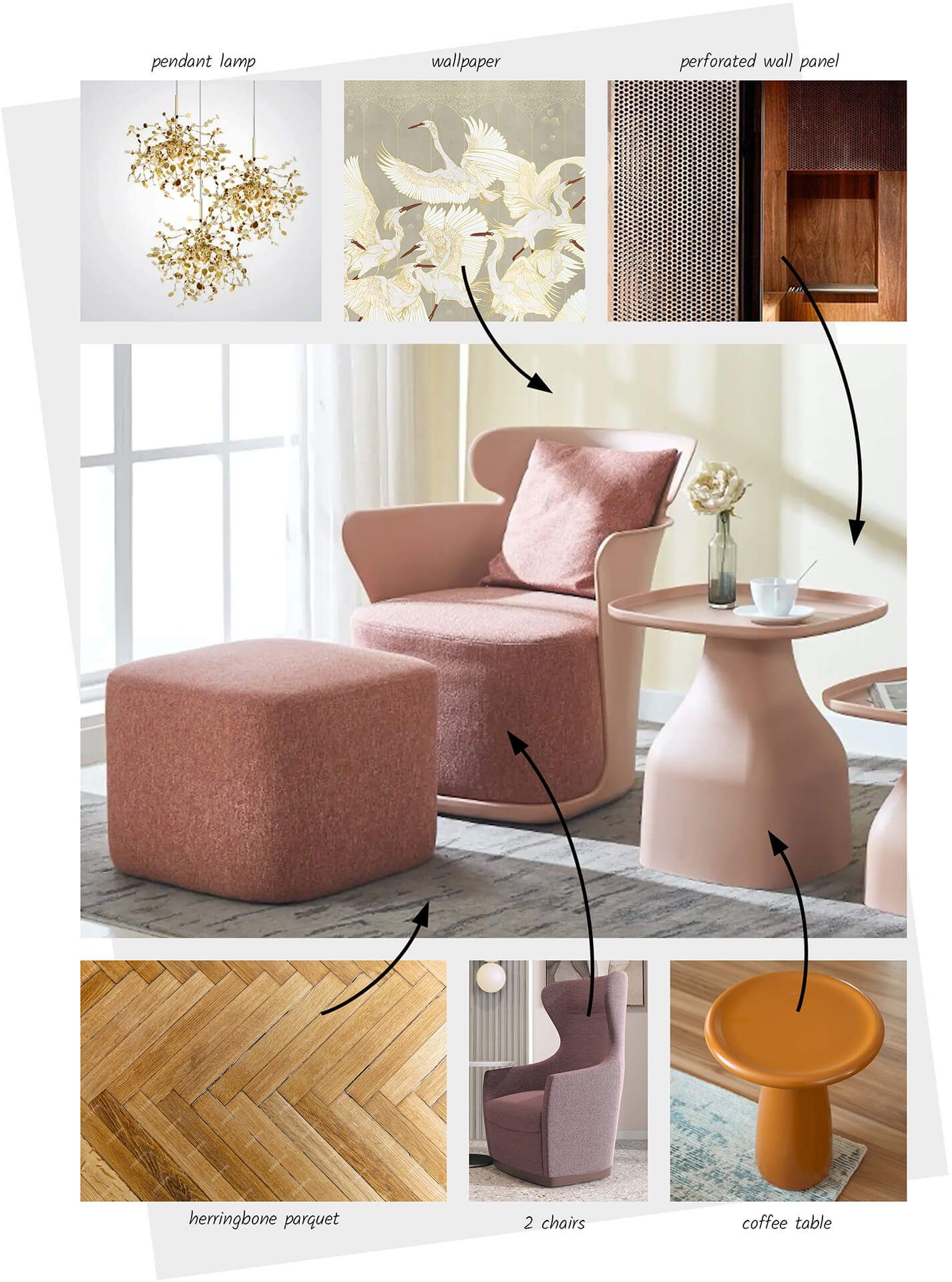 3D furniture visualization showcasing a modern interior with a chair, coffee table, and decor elements, highlighting 3D modeling and rendering techniques.