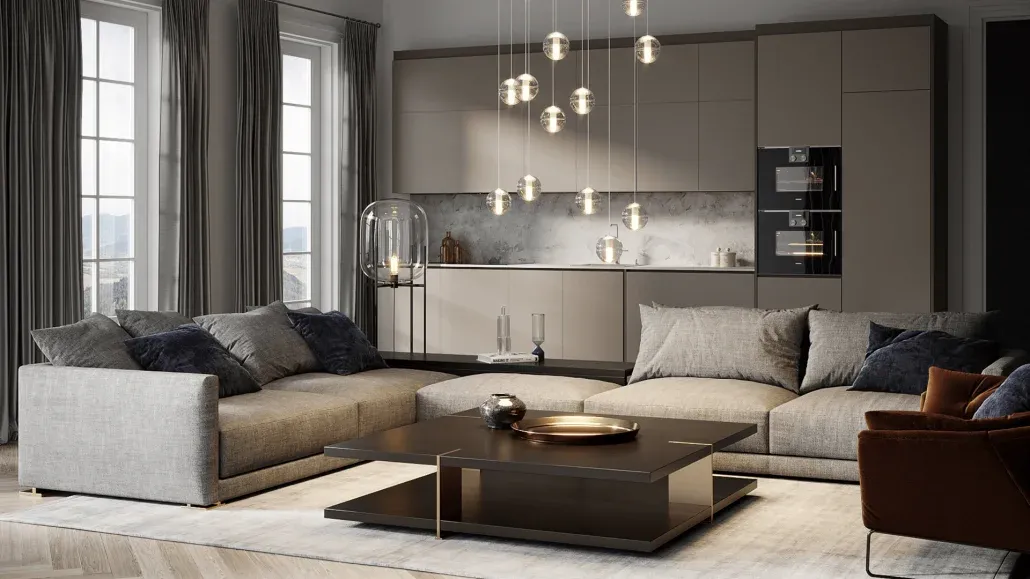 Lifestyle visualization for living room combined with kitchen