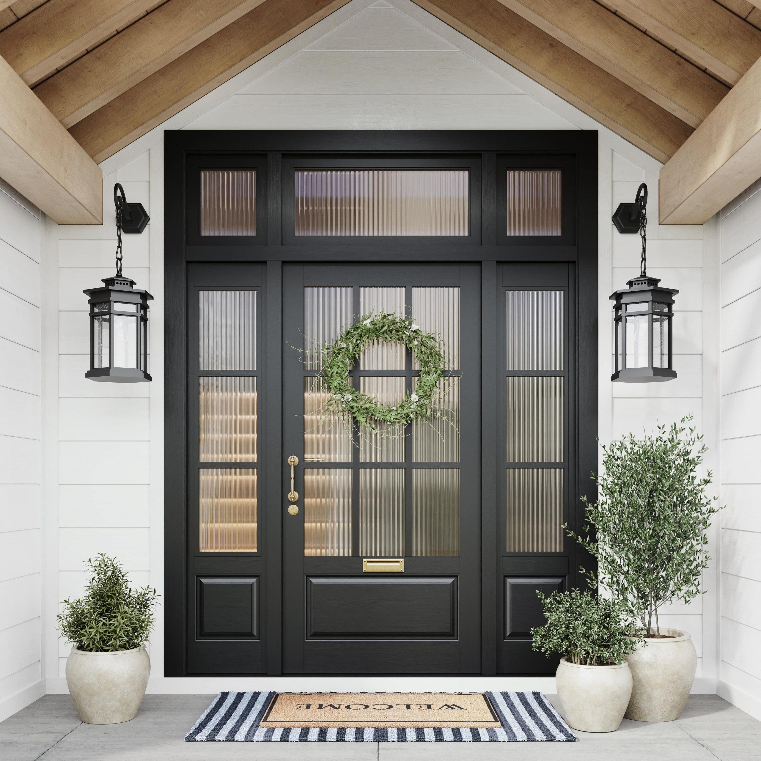 Lifestyle Rendering Of A Modern Black Front Door With Plants And Lanterns On Each Side