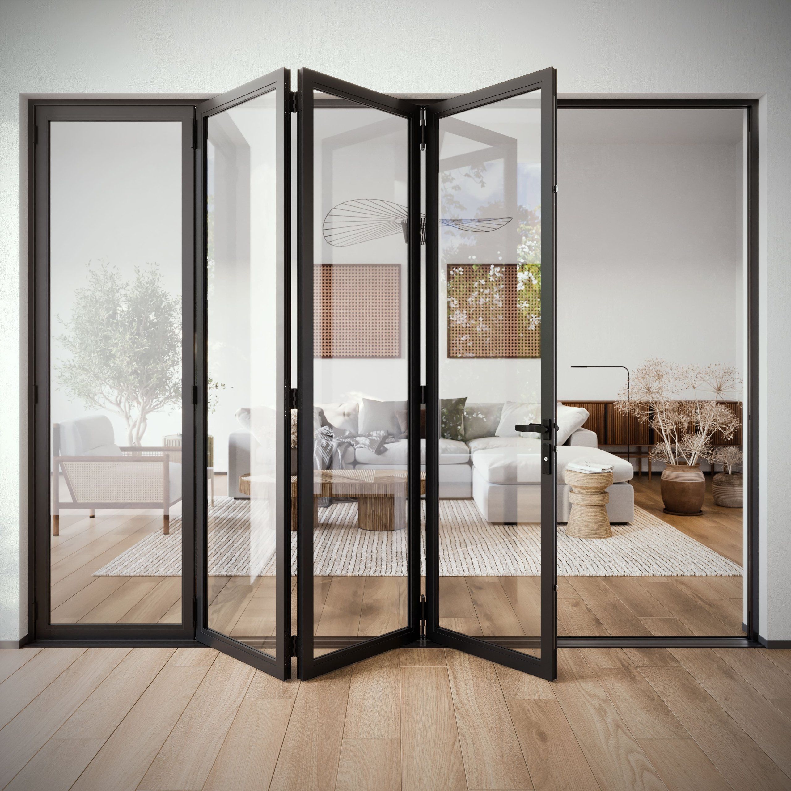 3D Visualization of Folding Interior Doors in Bright Modern Living Room