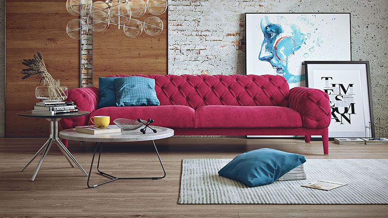 3D Rendering of an Interior with a Pink Sofa and Decor