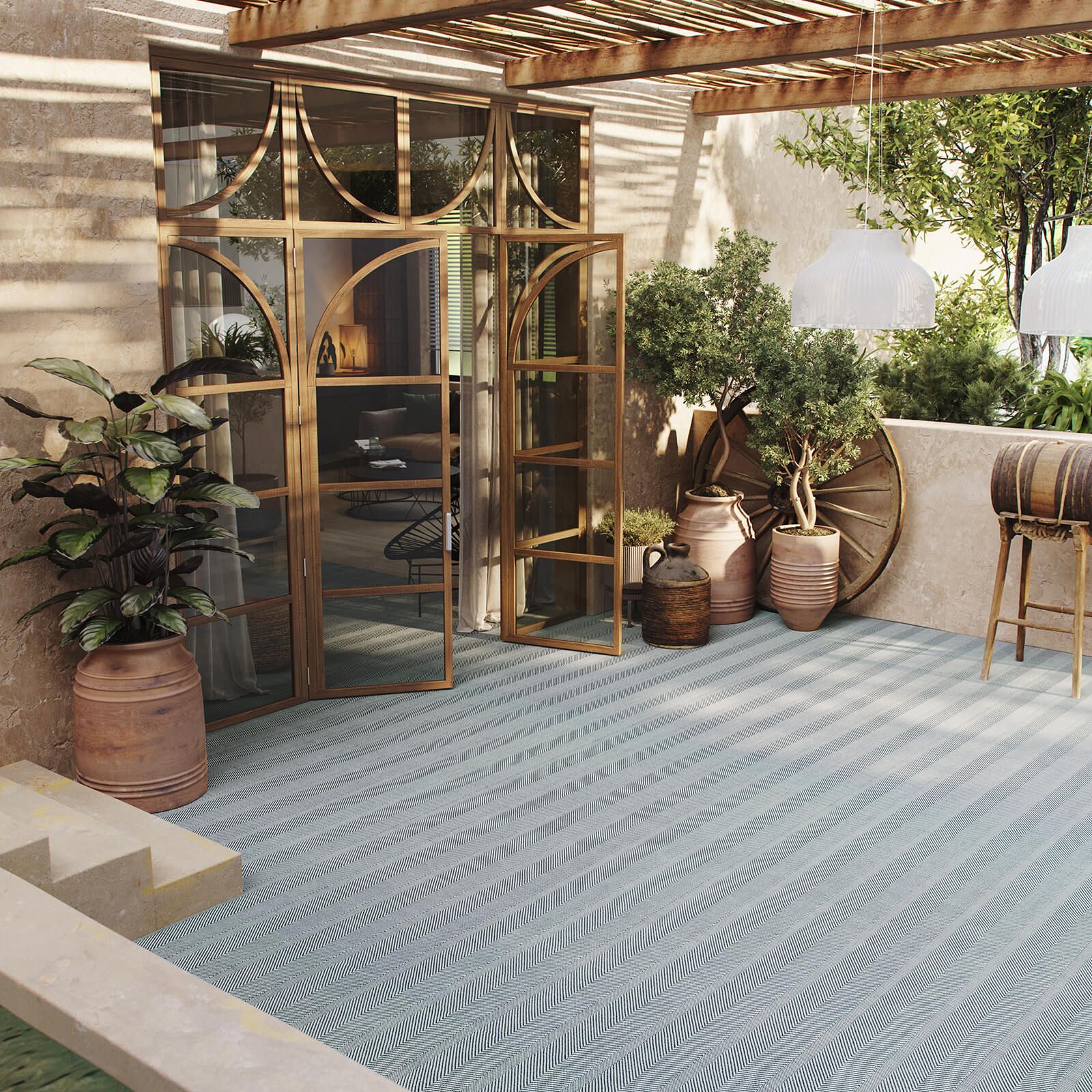 3D lifestyle visualization showcasing a modern patio with realistic furniture rendering, featuring bespoke 3D furniture modelling and photorealistic CGI.
