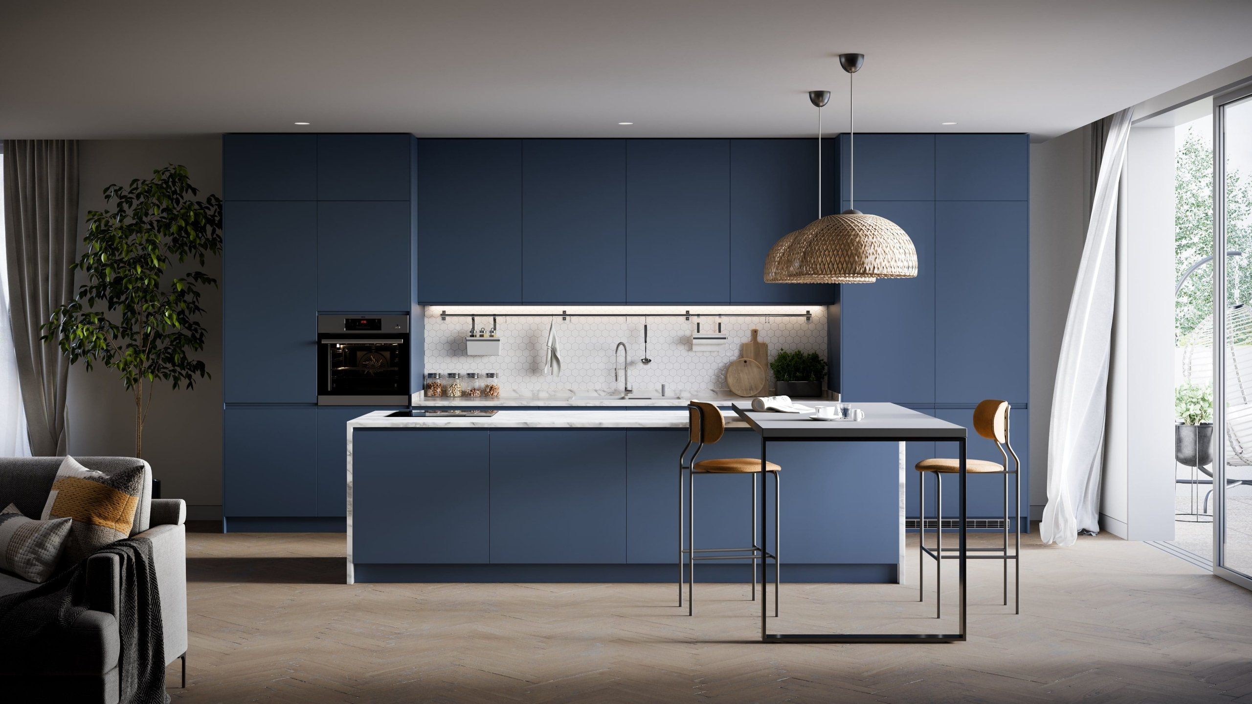 Photorealistic 3D rendering of a trendy kitchen interior with blue cabinets and stylish decor, showcasing advanced 3D house fittings modeling and visualization techniques.