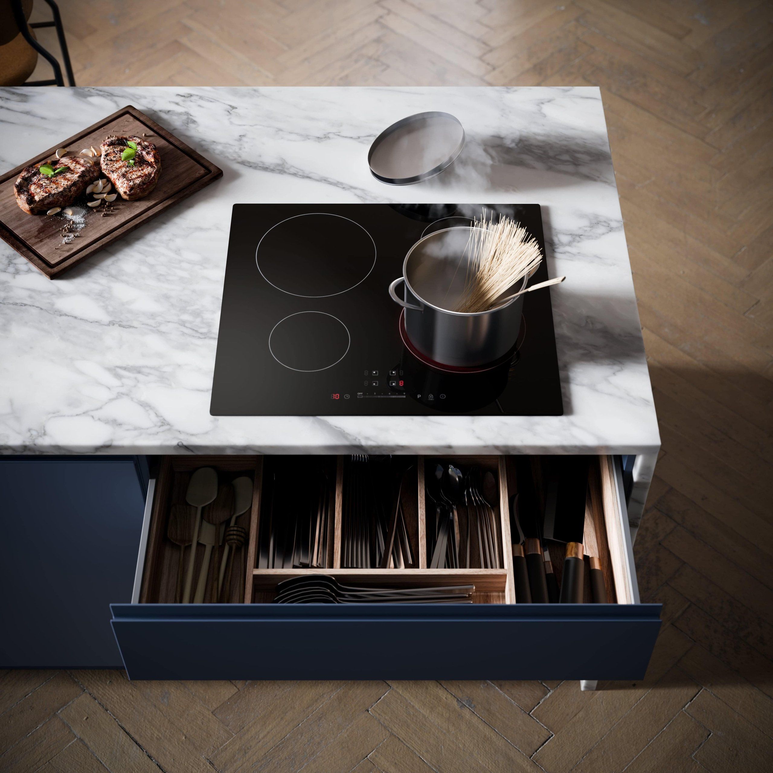 High-quality 3D rendering of a kitchen scene featuring a marble countertop