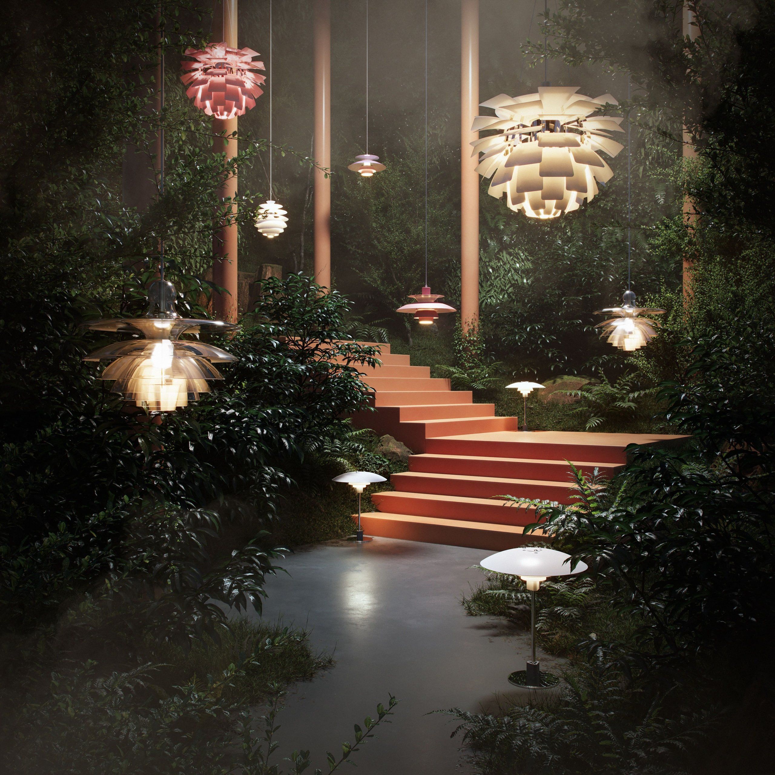 3D rendering showcasing a stylish staircase with bespoke lighting, highlighting 3D product modeling and photorealistic visualization.