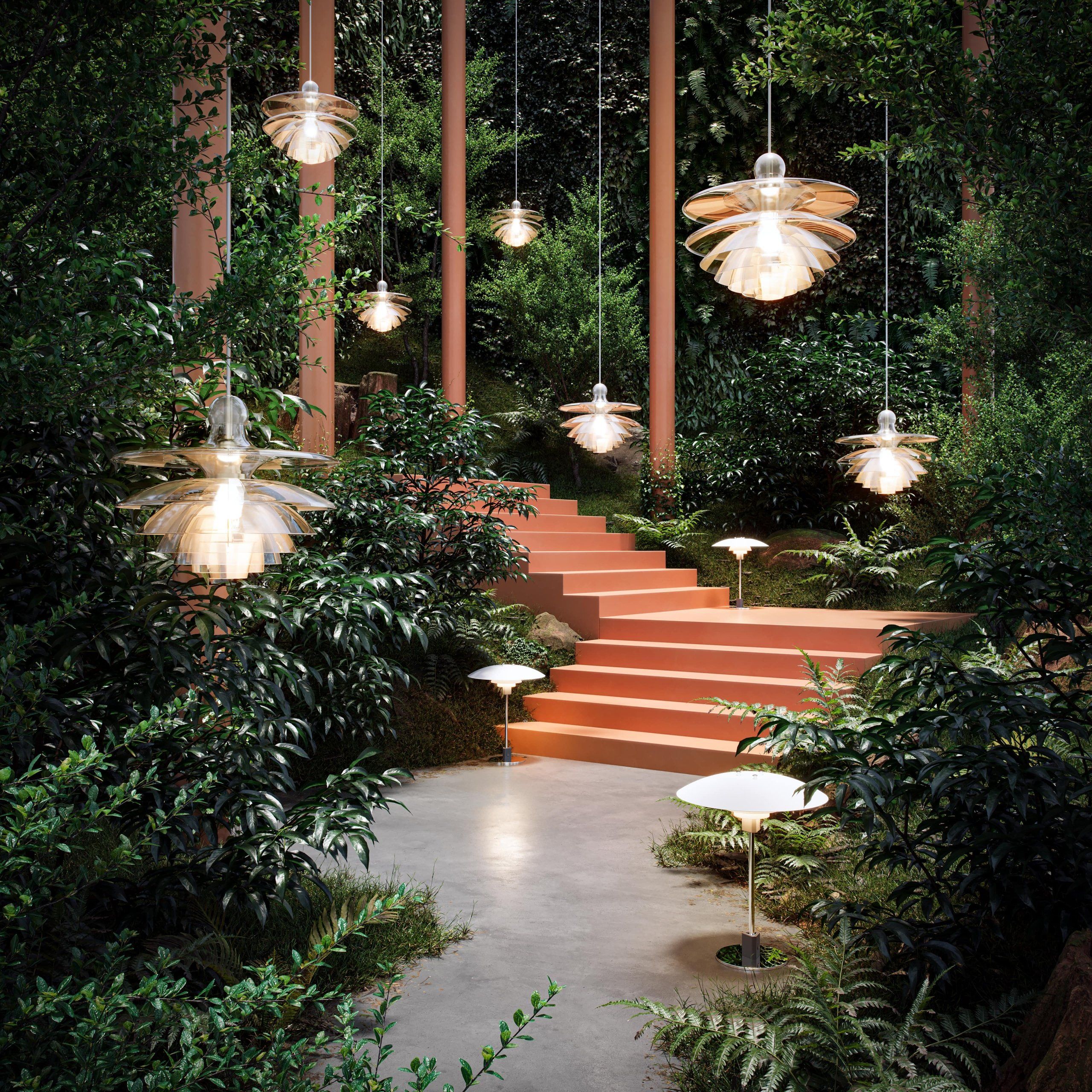 3D Visualization of Outdoor Lighting Installation in Garden Setting