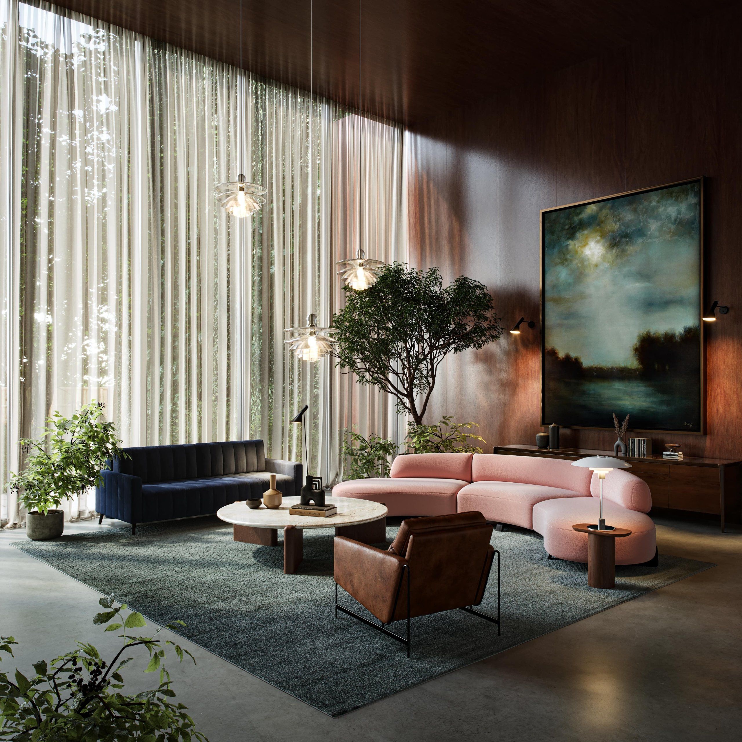 3D Visualization of Furniture in a Modern Living Room with Pendant Lights