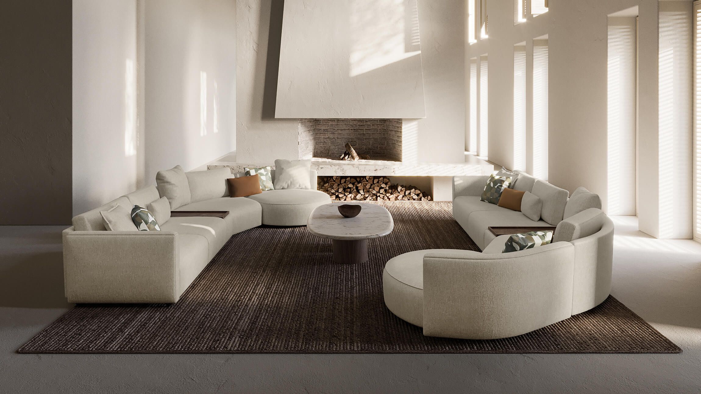 Living room 3D rendering: double curved sofa set with marble table and fireplace