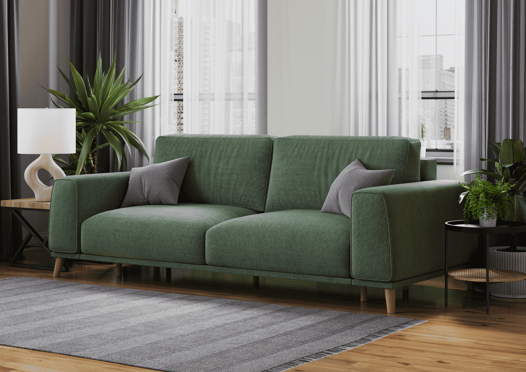 Living room 3D rendering: muted green upholstered sofa in modern lifestyle scene