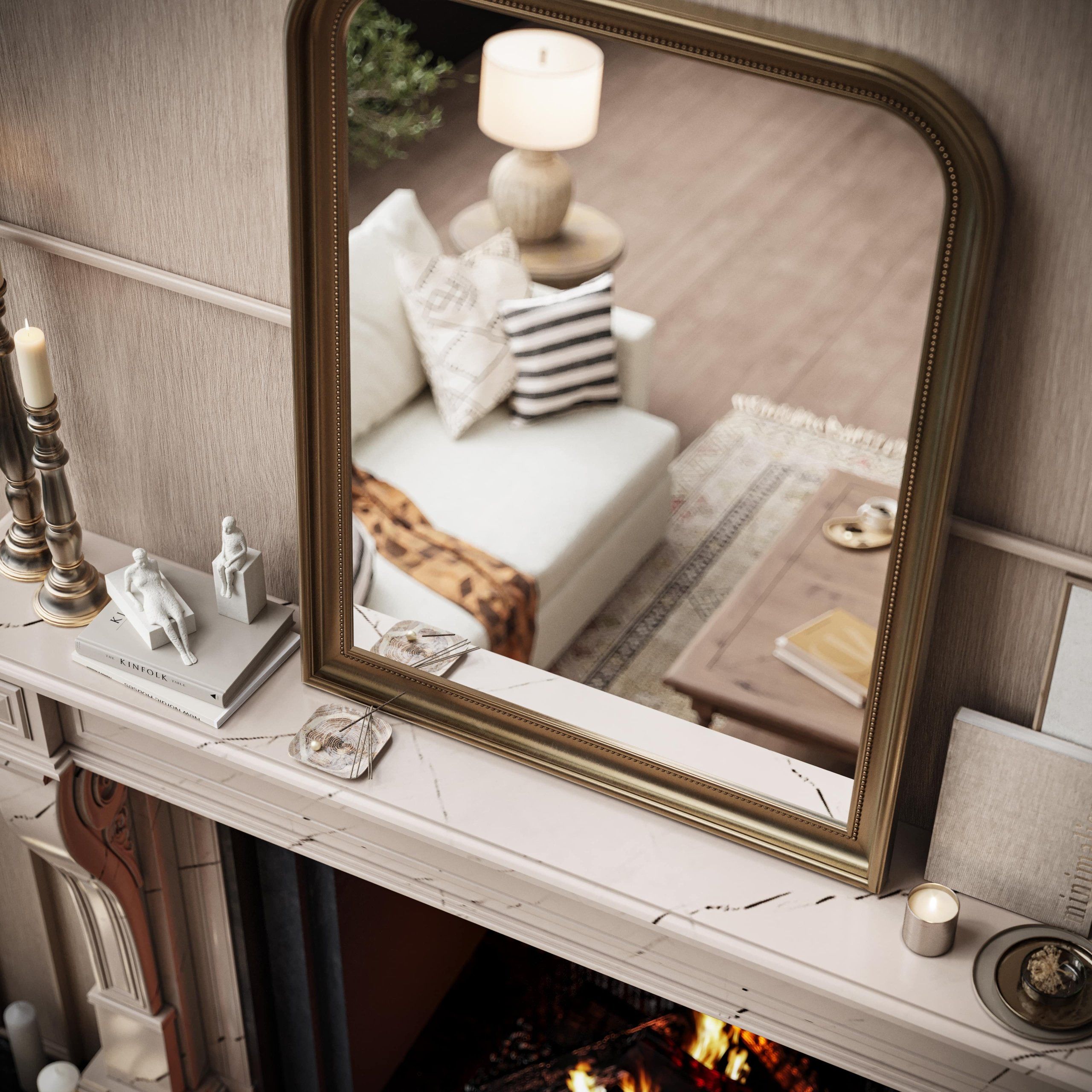 Top-notch 3D rendering showcasing a living room with a mirror reflecting a sofa and decor, highlighting 3D furniture modeling and photorealistic visualization.