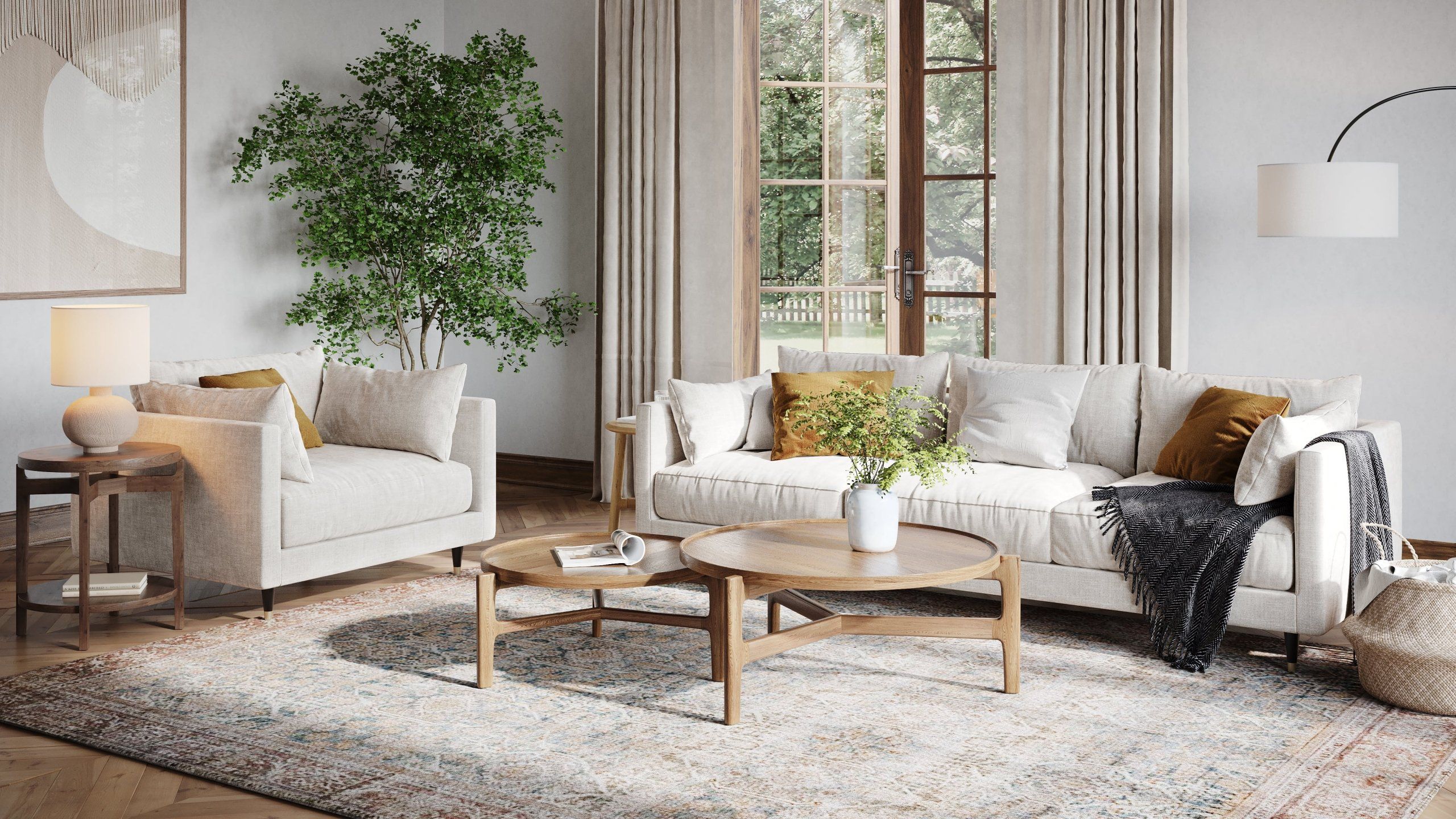 3D Visualization of a Coffee Table in a Living Room with a Sofa and Armchair