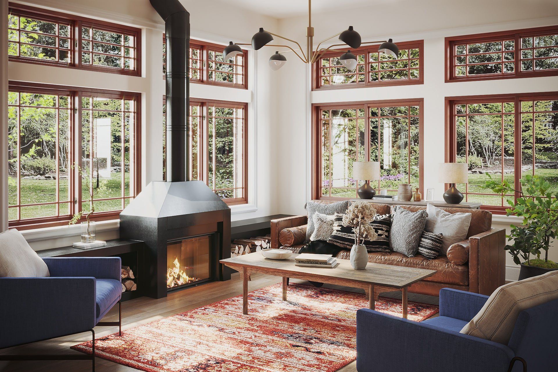Realistic 3D rendering of a living room featuring a fireplace, sofa, and armchairs