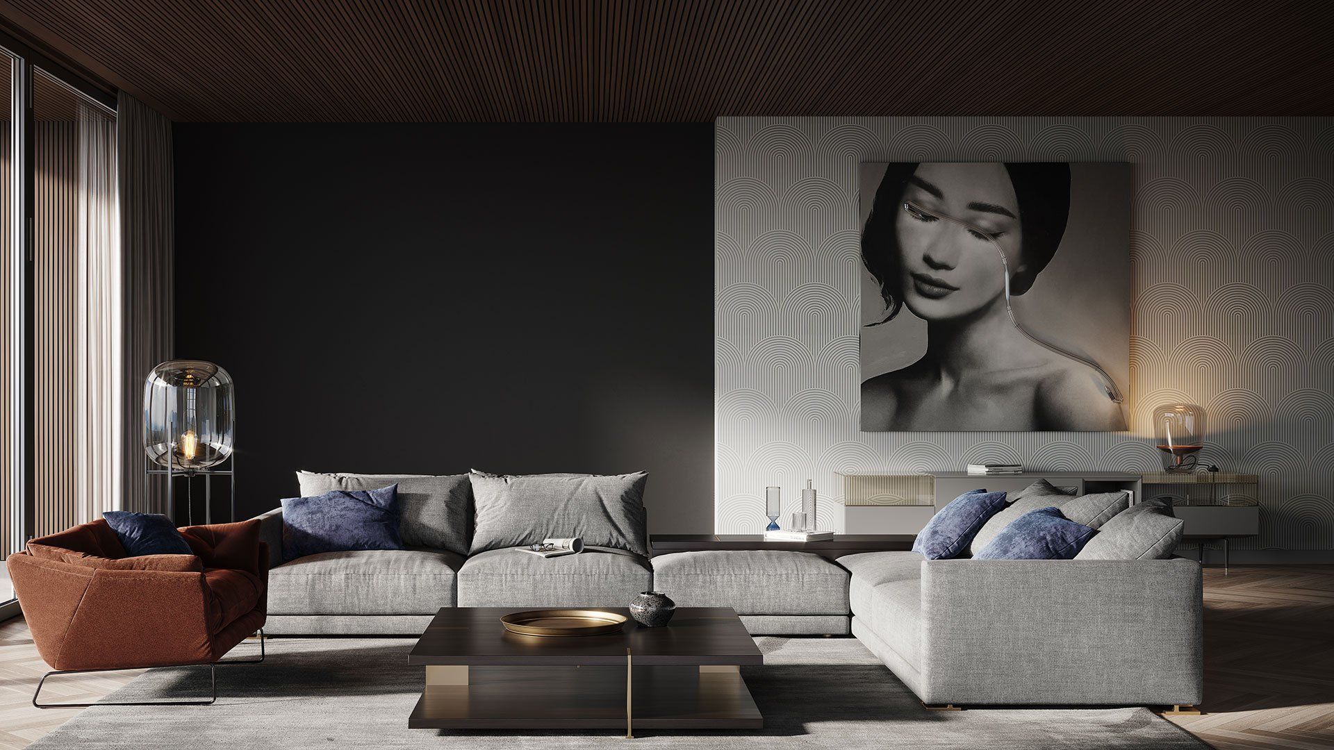 3D Visualization Of A Living Room With Gray Sofas, Dark Coffee Table, And Monochrome Portrait
