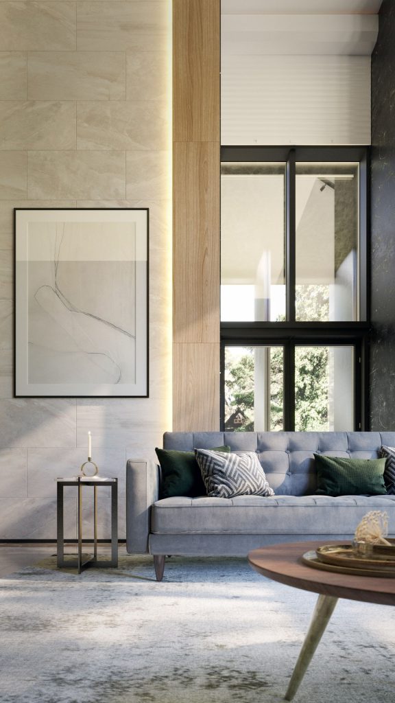 3D Interior Visualization of trendy Living Room with Realistic fittings Rendering