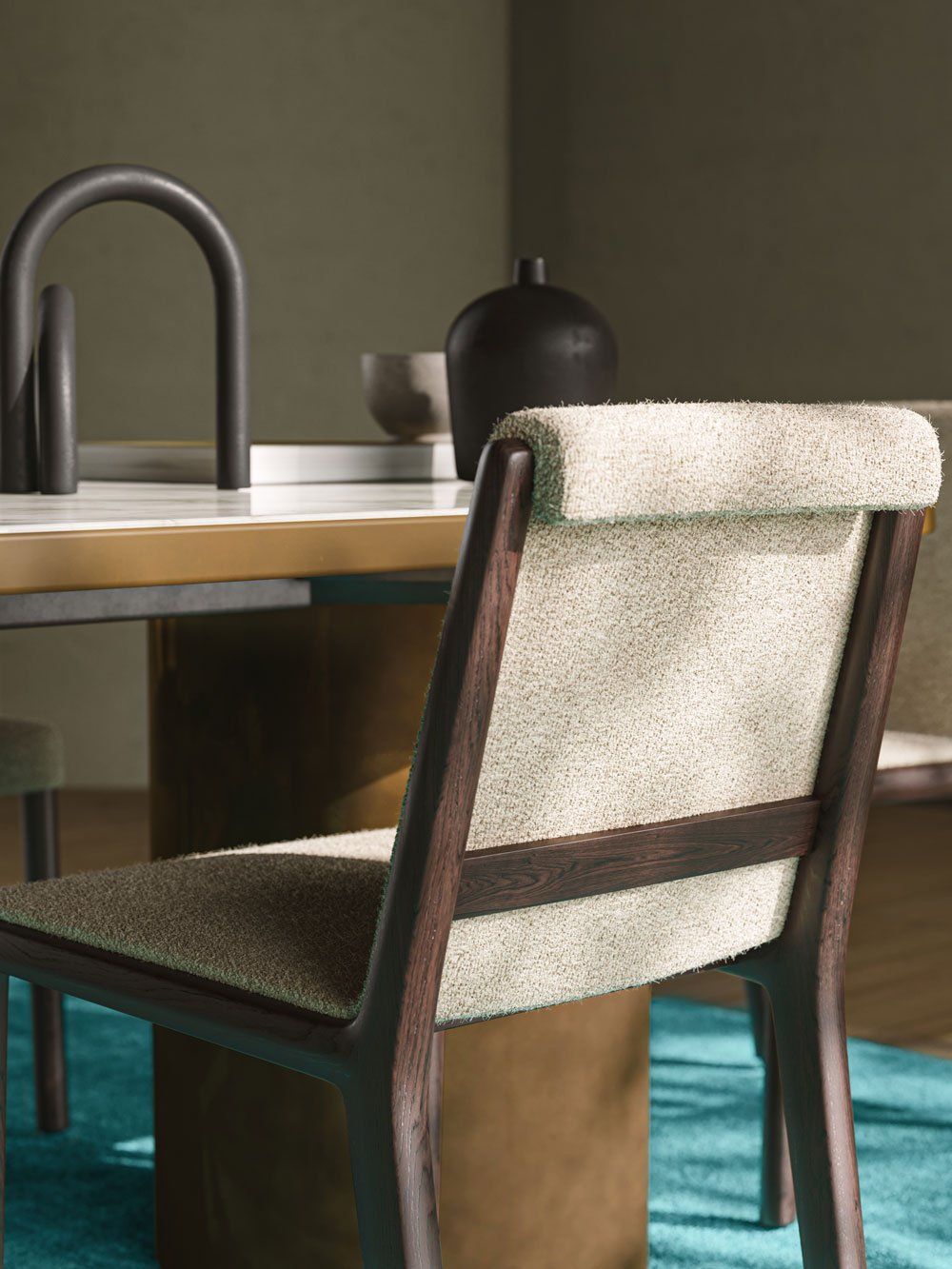 Top-notch 3D rendering of a modern chair and table setup, showcasing photorealistic furniture visualization and interior design.