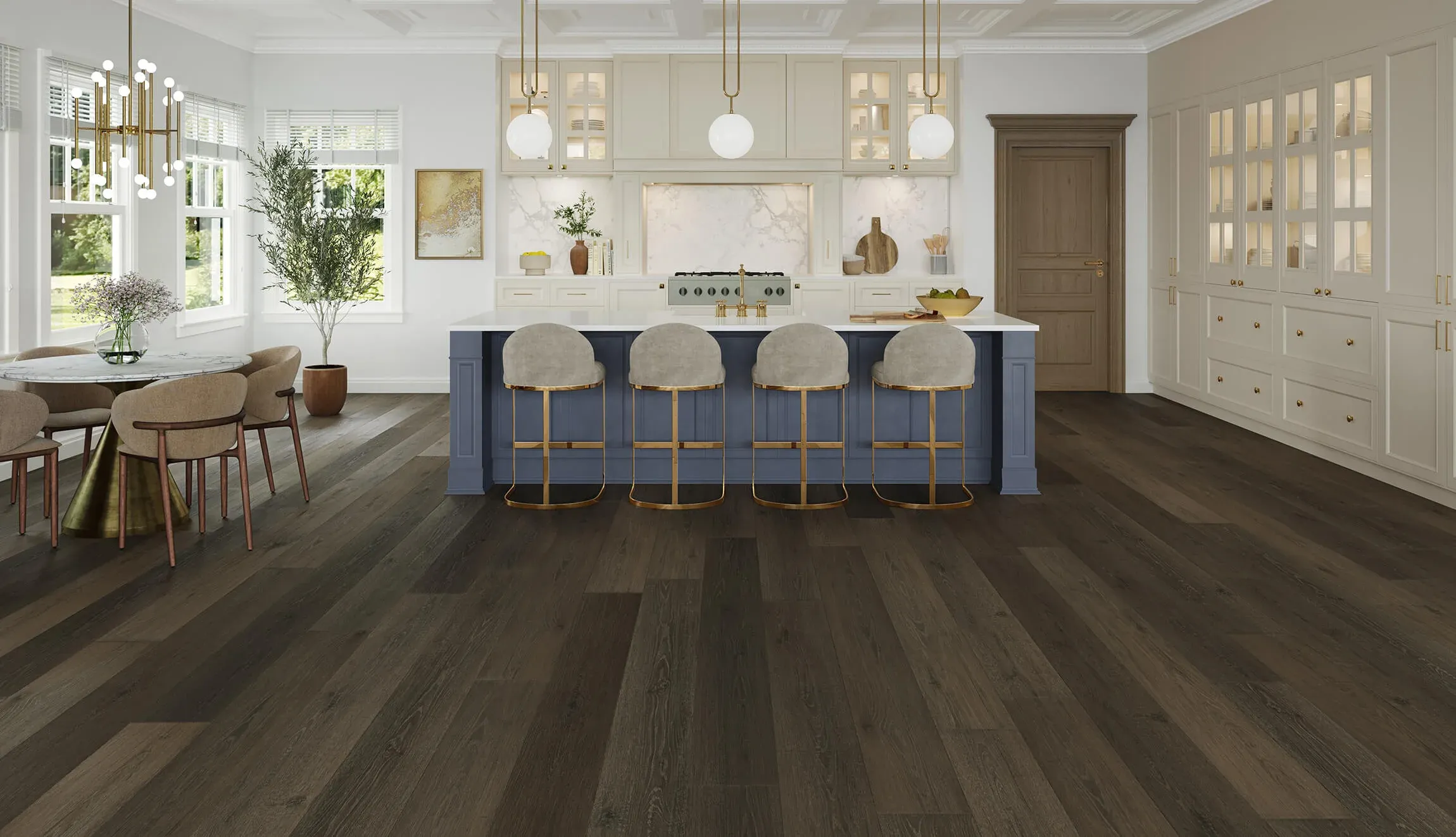 Modern kitchen with dark wood flooring 3D visualization and white cabinetry