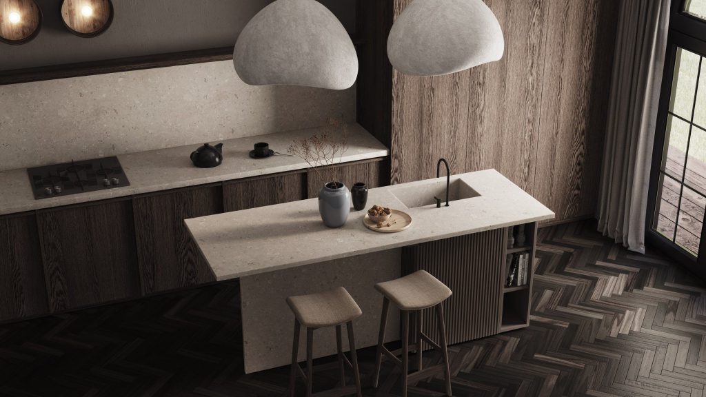 3D Interior Visualization of trendy Kitchen with Realistic fittings Rendering