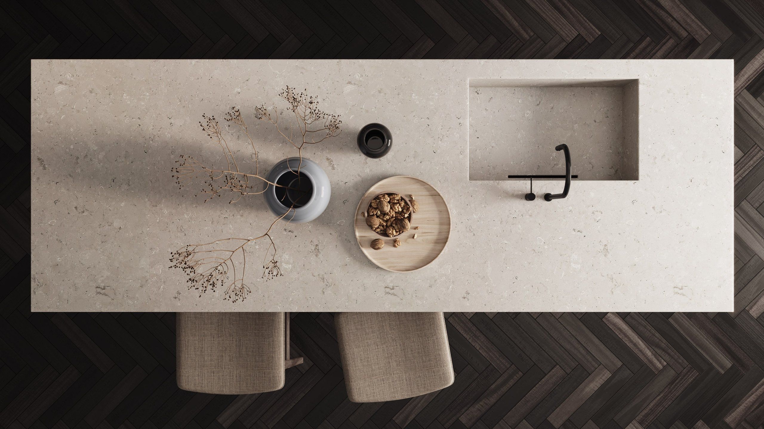 Top view of a 3D rendered kitchen countertop with decor, showcasing photorealistic CGI and 3D interior visualization
