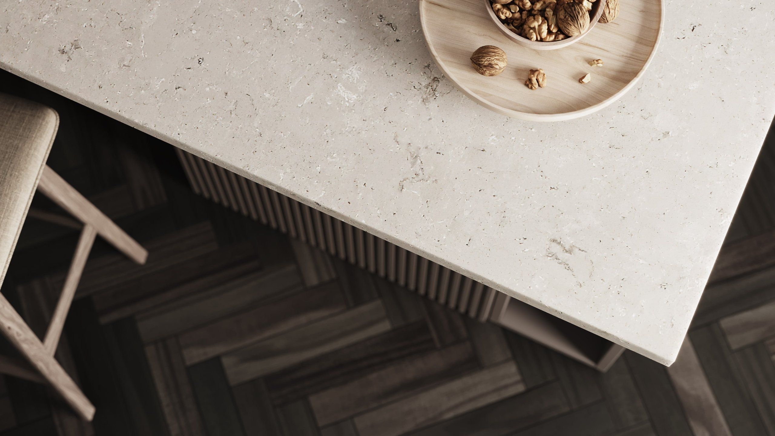 3D rendering of a modern kitchen countertop with a wooden bowl of nuts