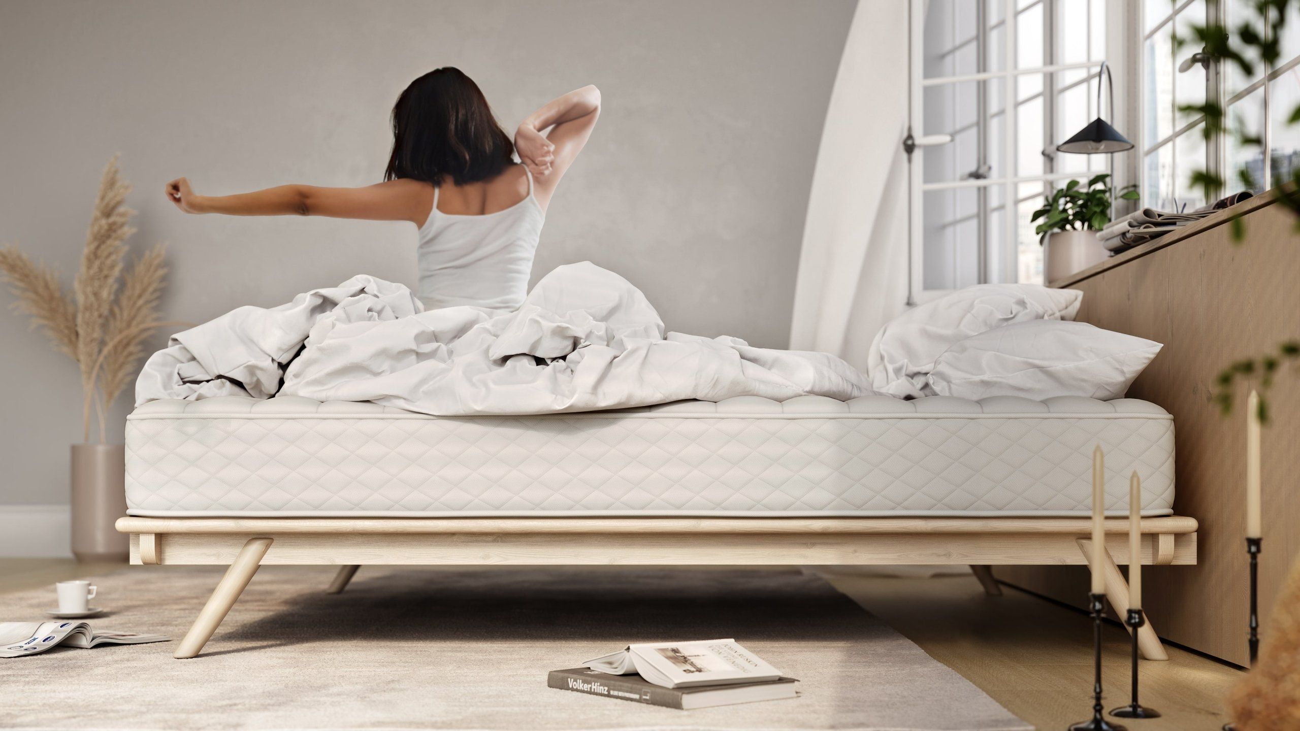 3D lifestyle visualization of a modern bedroom with realistic furniture rendering, showcasing a bed and interior design elements.