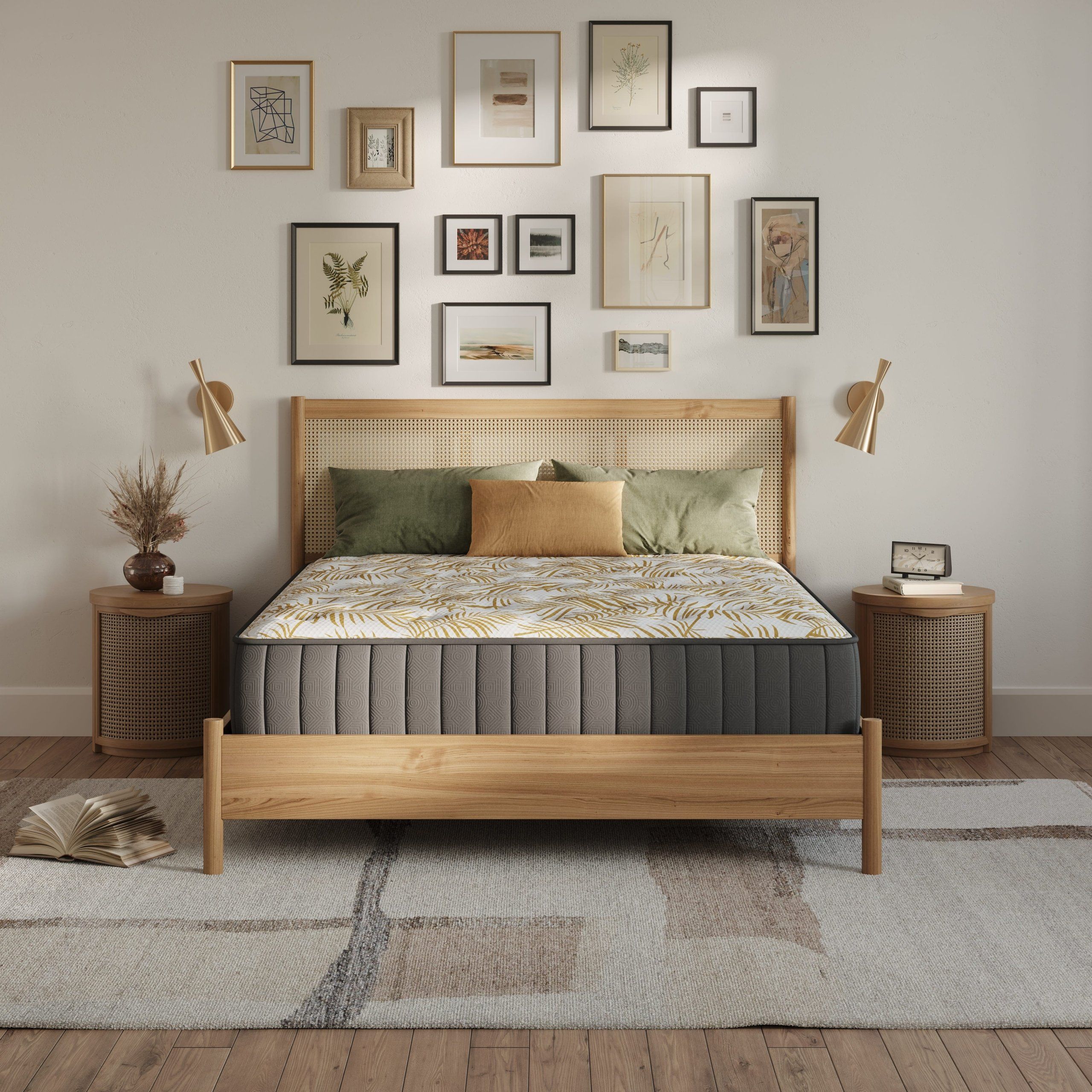 High-quality 3D rendering of a bedroom showcasing bespoke furniture and interior design, featuring a wooden bed and wall art.