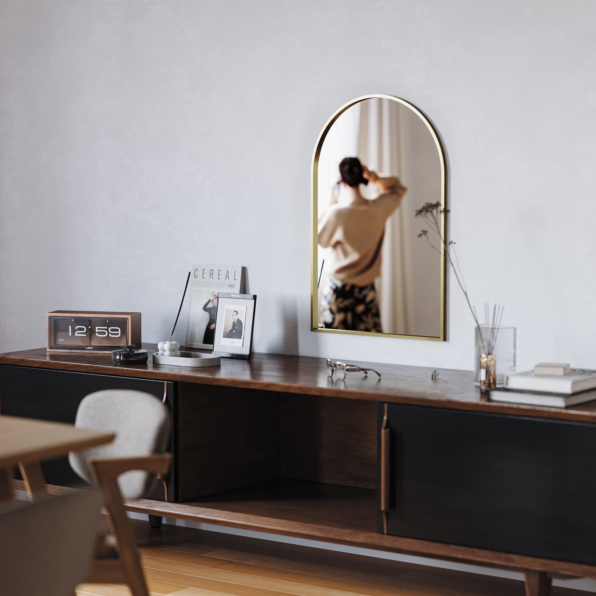 3D product rendering showcasing a modern interior with a wooden console, mirror, and decor items, highlighting photorealistic visualization and CGI rendering techniques.