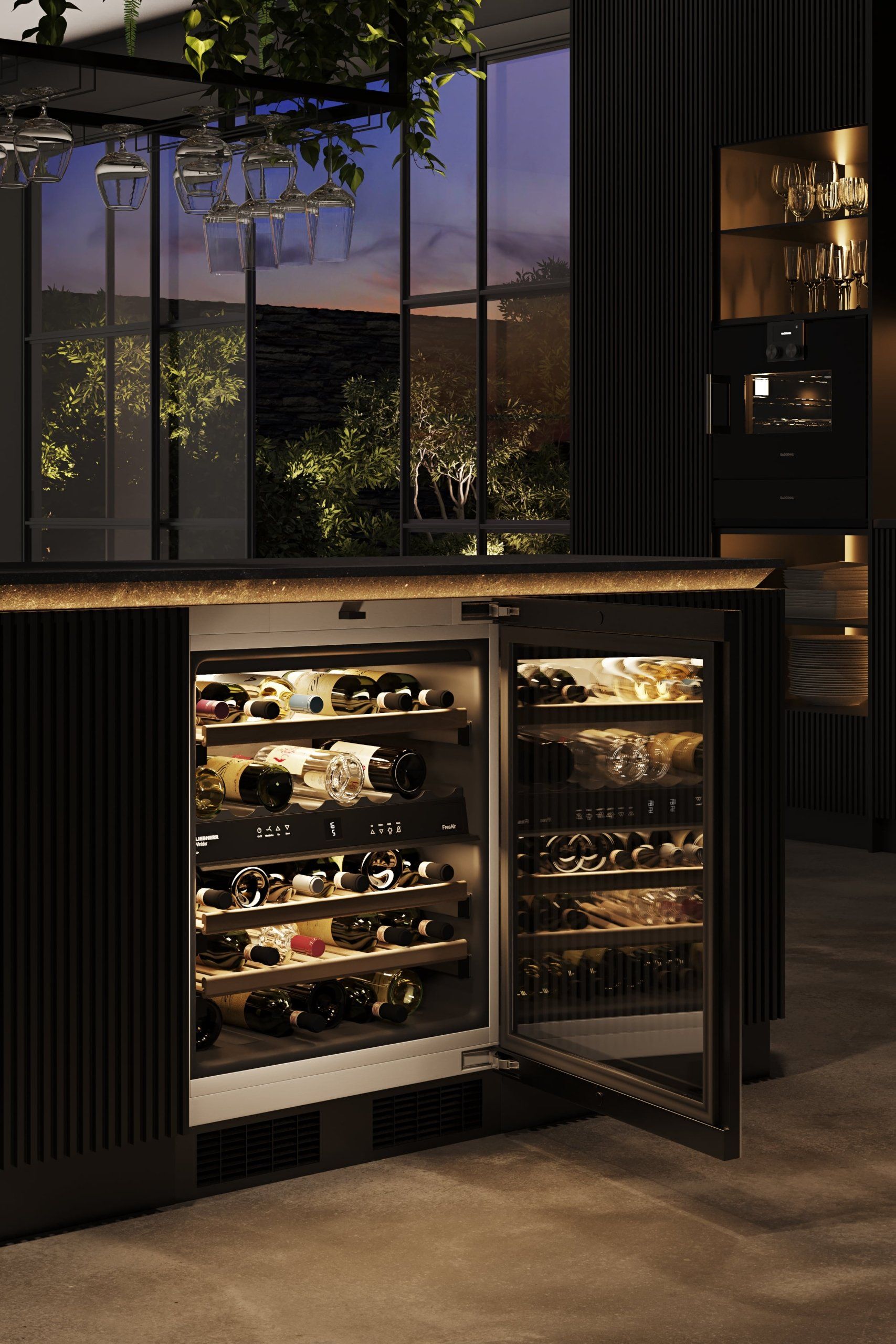 Photorealistic 3D rendering of a modern kitchen interior featuring a wine cooler, showcasing high-quality 3D furniture modeling and realistic product rendering.