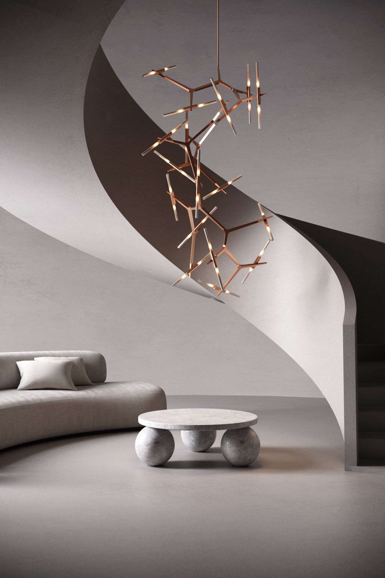 3D rendering of a modern interior with bespoke furniture, showcasing 3D furniture modeling and visualization