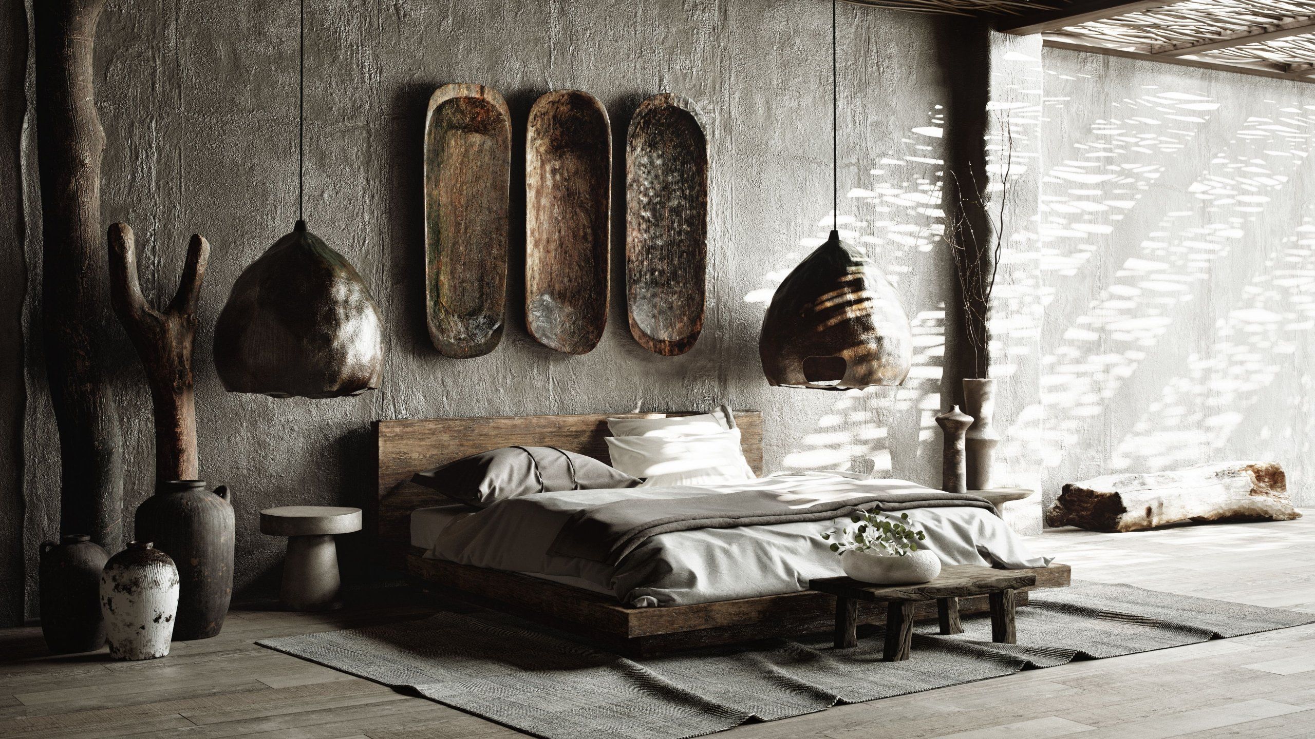 Photoreal 3D product visualization showcasing a rustic bedroom