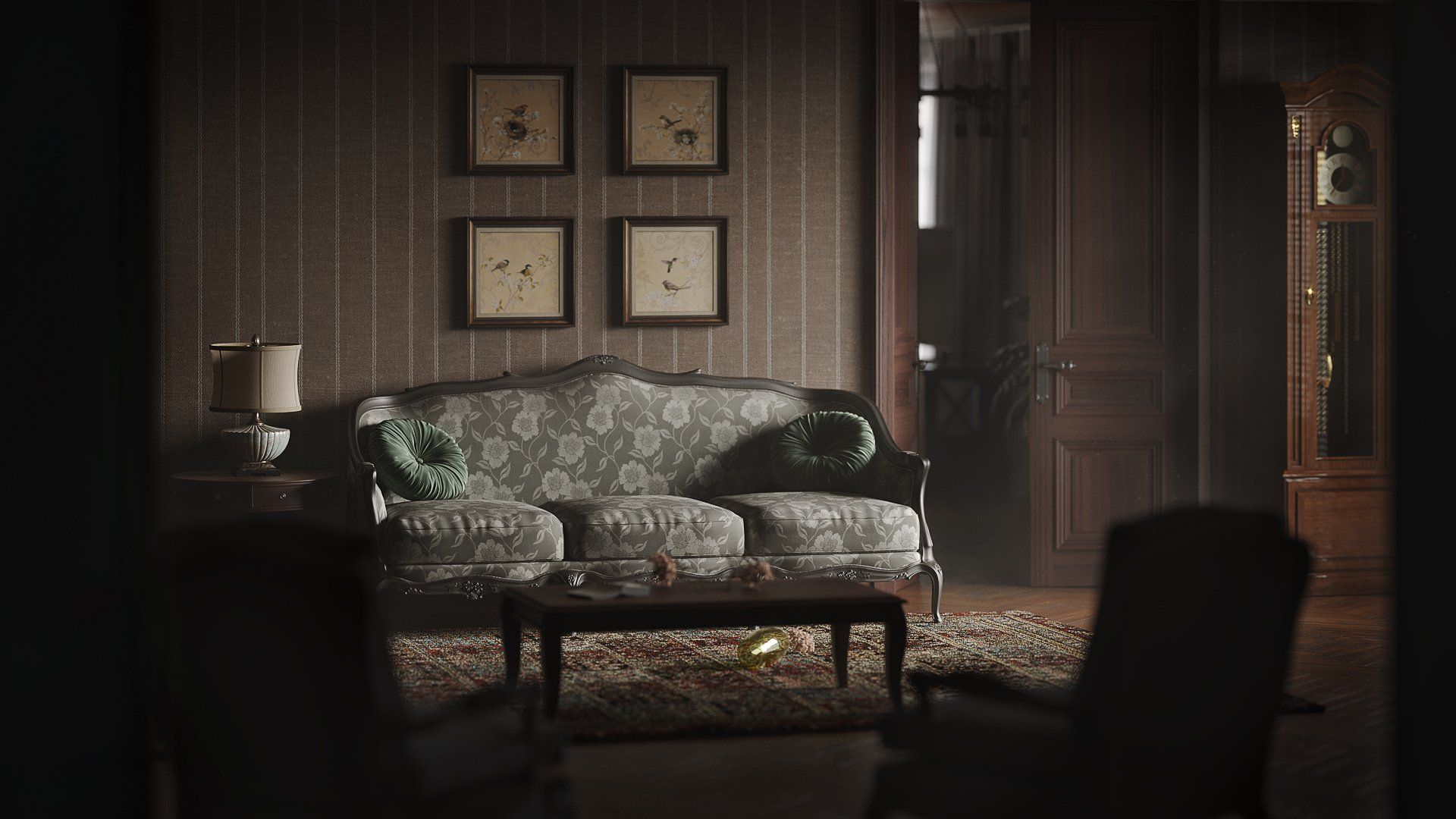 Vintage Living Room 3D Rendering With Floral Sofa