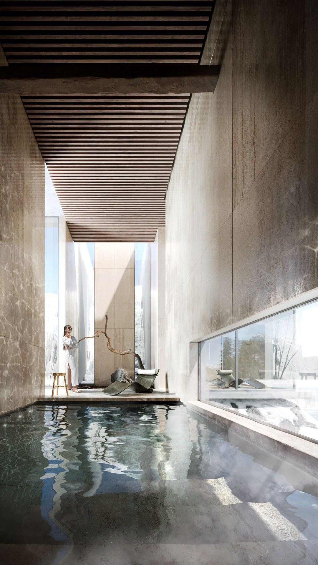 3D rendering of a modern interior pool area showcasing tiles