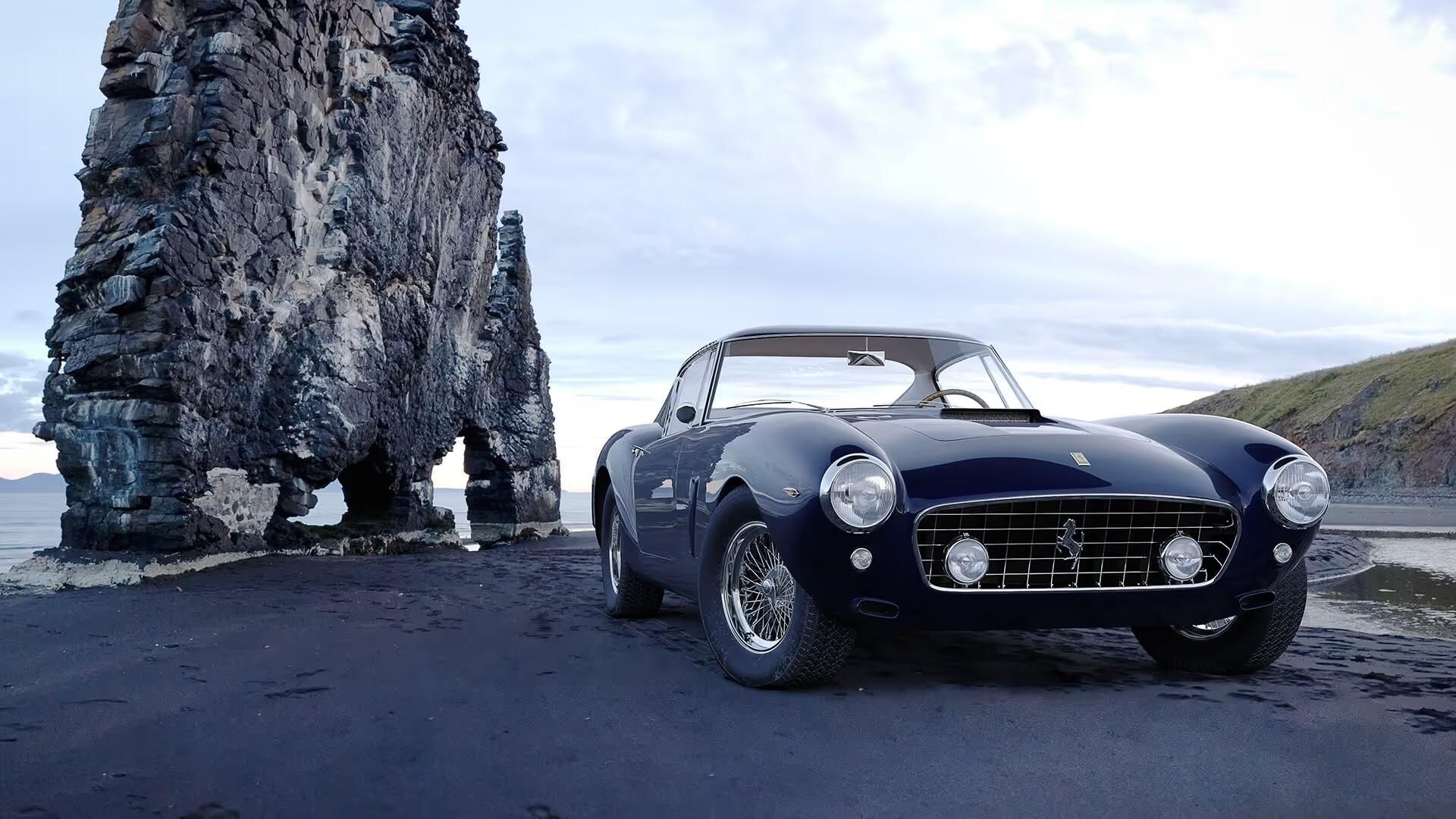Natural environment background render of a classic car placed in an open landscape with rock formations