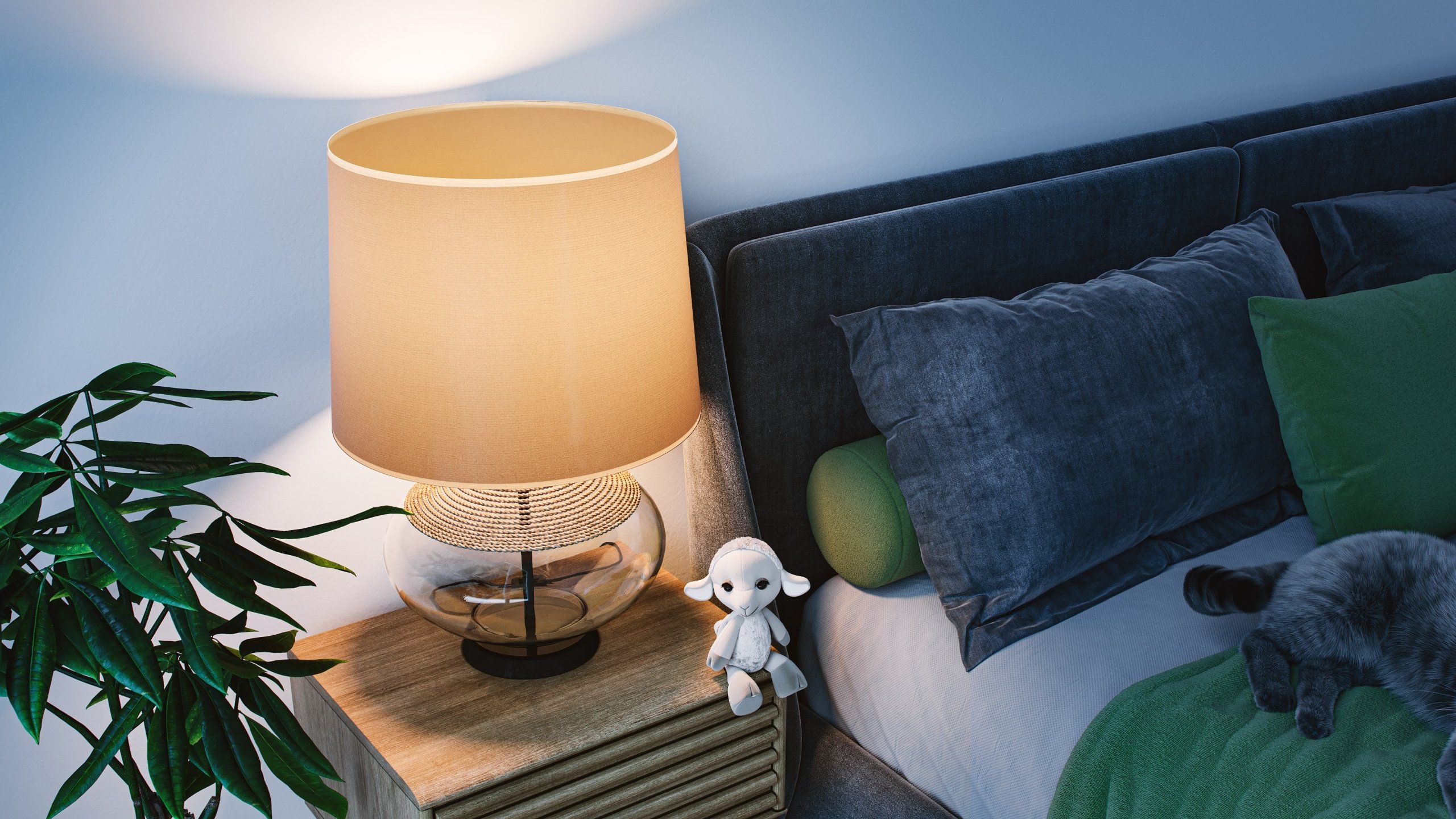 3D rendered image showcasing a bedroom scene with a lamp, plush toy, and pillows, highlighting 3D furniture modeling and rendering.