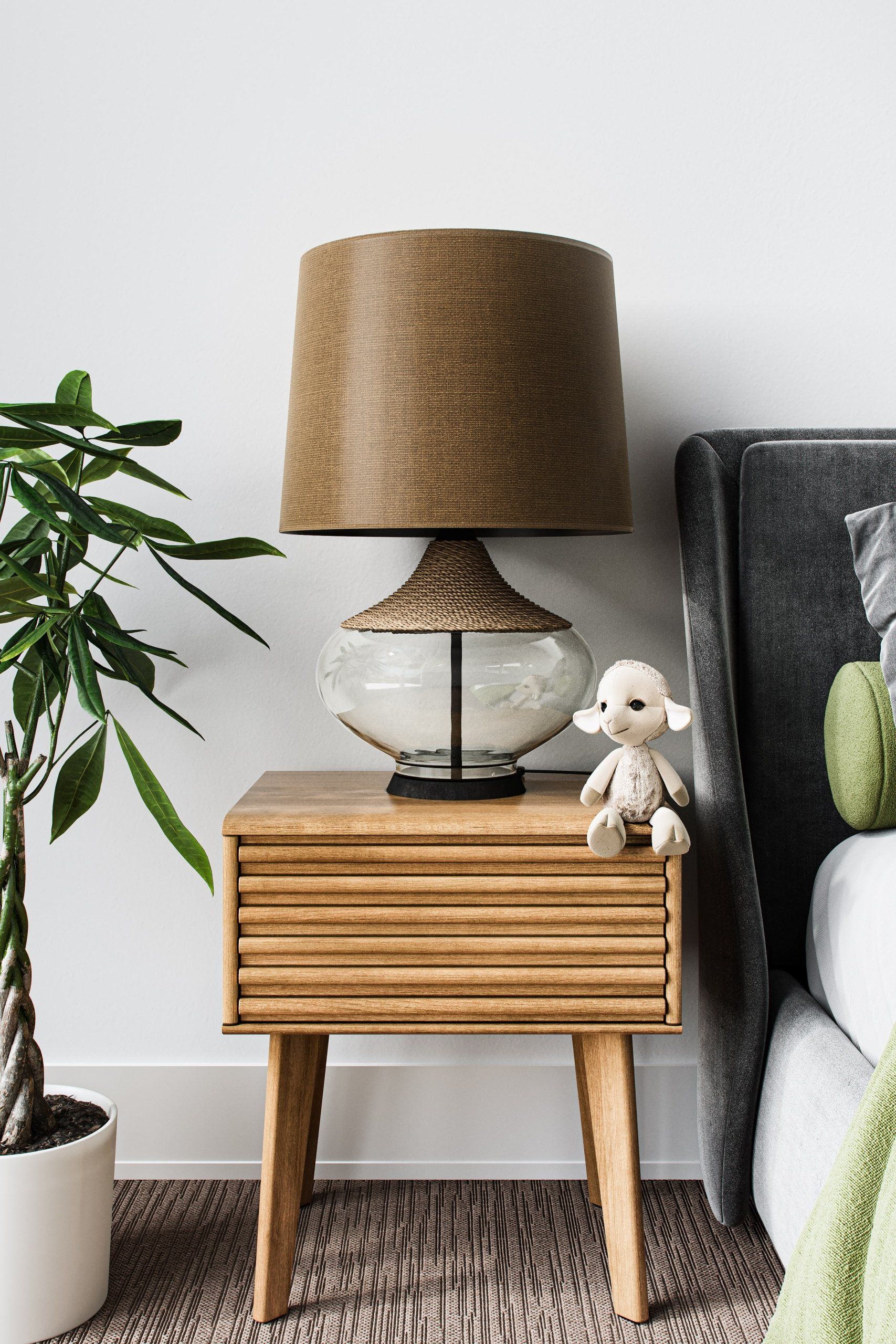 3D rendered image of a modern bedroom with a wooden nightstand, lamp, and decor, showcasing 3D furniture modeling and interior visualization