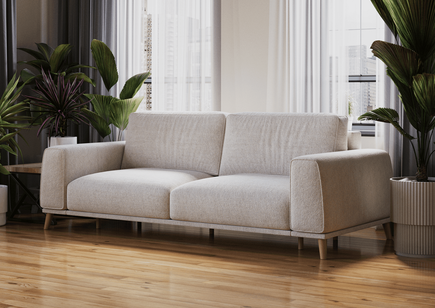 High-quality 3D rendered furniture, showcasing a realistic sofa in a modern interior setting with photorealistic visualization.