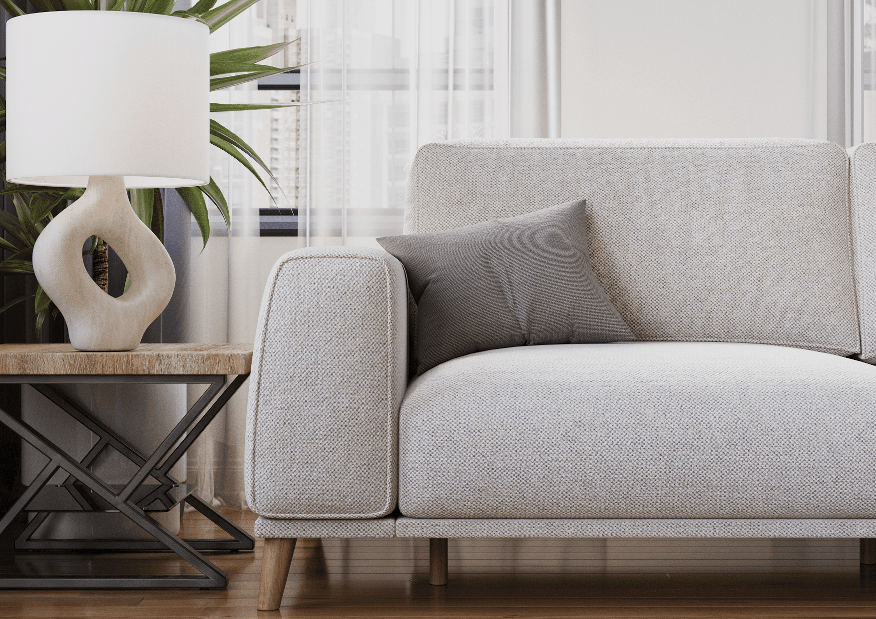 First-class 3D rendering of a modern living room with a sofa and lamp, showcasing realistic product visualization and interior design.