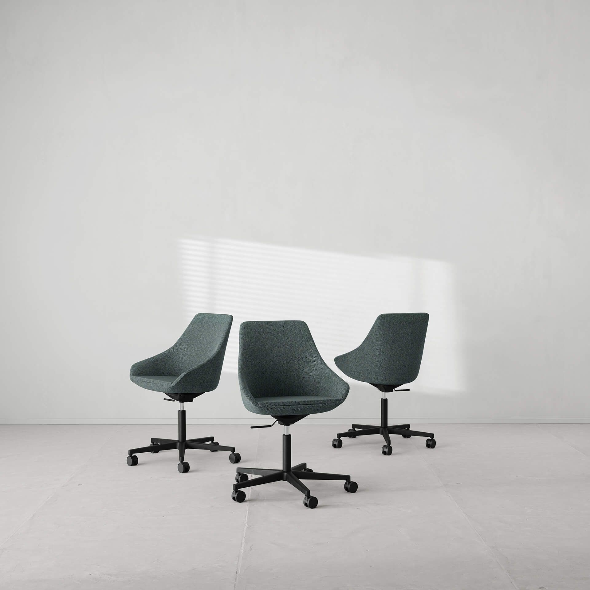 3D rendered image of three office chairs showcasing realistic product rendering and 3D product visualization
