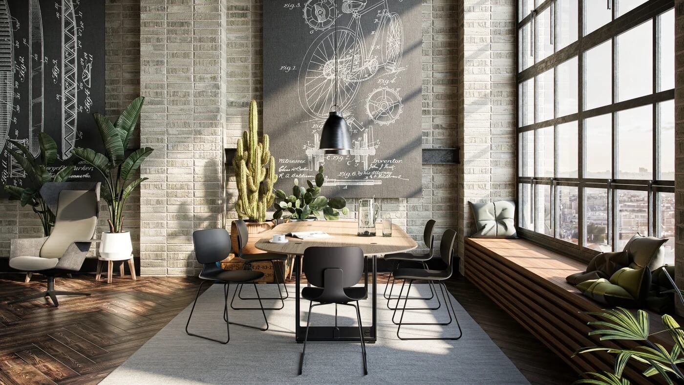 3D render of office furniture in an industrial-style meeting room with plants and large windows