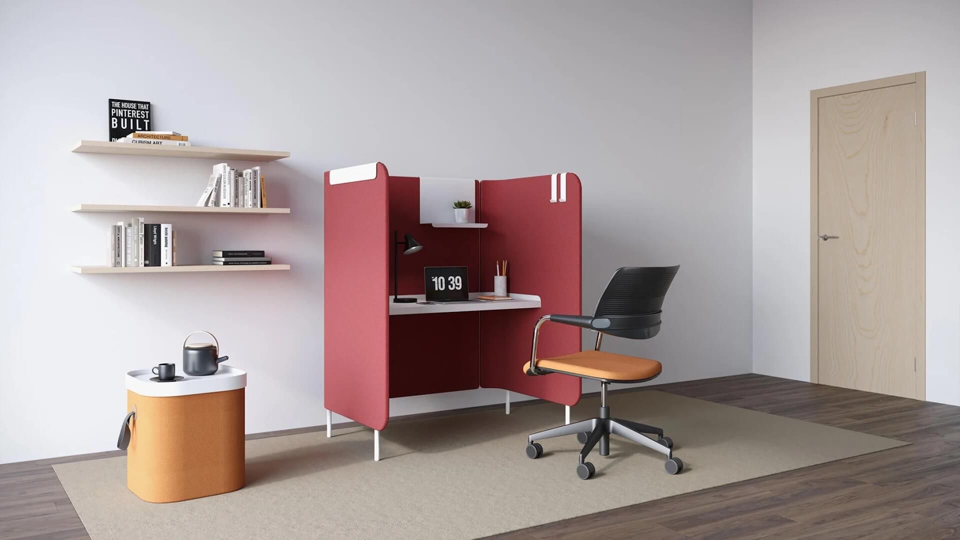3D rendering of for a compact home office red workstation, chair, and side table
